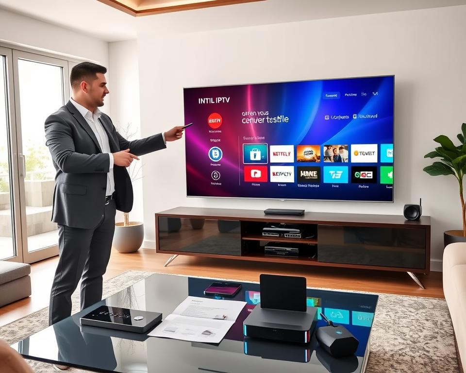 A sleek, modern living room featuring a large, high-definition Smart TV displaying a colorful and engaging IPTV application interface. In the foreground, a professional-looking person, dressed in smart casual attire, is holding a remote control while pointing towards the screen, indicating the initial setup process. In the middle, a stylish coffee table with gadgets, a smartphone, and an instructional guide are visible, suggesting a user-friendly configuration experience. The background reveals a bright, inviting atmosphere with large windows that let in natural light, enhancing the focus on the TV and user interaction. The overall mood is informative and approachable, capturing the essence of setting up a modern streaming application. A sleek, modern living room featuring a large, high-definition Smart TV displaying a colorful and engaging IPTV application interface. In the foreground, a professional-looking person, dressed in smart casual attire, is holding a remote control while pointing towards the screen, indicating the initial setup process. In the middle, a stylish coffee table with gadgets, a smartphone, and an instructional guide are visible, suggesting a user-friendly configuration experience. The background reveals a bright, inviting atmosphere with large windows that let in natural light, enhancing the focus on the TV and user interaction. The overall mood is informative and approachable, capturing the essence of setting up a modern streaming application.