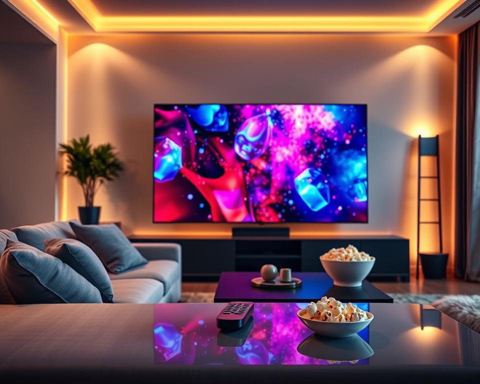 A sleek, modern living room featuring a large television displaying vibrant, high-definition visuals symbolizing 4K Ultra HD streaming quality. In the foreground, a comfortable sofa with stylish cushions invites viewers to relax. The middle ground includes a glossy coffee table with a remote control and a bowl of popcorn, emphasizing a cozy movie night atmosphere. The background reveals soft, ambient lighting that enhances the clarity of the television screen while casting a warm glow throughout the room. The overall mood is inviting and high-tech, capturing the essence of premium streaming experiences in a contemporary setting. The angle is slightly elevated, showcasing the cinematic view of the screen radiating vibrant colors. A sleek, modern living room featuring a large television displaying vibrant, high-definition visuals symbolizing 4K Ultra HD streaming quality. In the foreground, a comfortable sofa with stylish cushions invites viewers to relax. The middle ground includes a glossy coffee table with a remote control and a bowl of popcorn, emphasizing a cozy movie night atmosphere. The background reveals soft, ambient lighting that enhances the clarity of the television screen while casting a warm glow throughout the room. The overall mood is inviting and high-tech, capturing the essence of premium streaming experiences in a contemporary setting. The angle is slightly elevated, showcasing the cinematic view of the screen radiating vibrant colors.