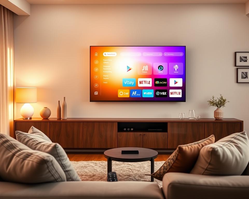 A sleek modern living room featuring a smart Android TV prominently displayed on the wall, showcasing an interactive IPTV Smarters Pro interface. The foreground includes a cozy sofa with plush cushions and a small coffee table featuring a remote control. In the middle ground, the TV screen displays vibrant, easy-to-read app icons and a user-friendly menu, illuminated by soft ambient lighting to enhance the technology's sleek look. The background features light-colored walls adorned with minimalistic decorations and a window revealing a sunny day outside, casting natural light across the room. The overall atmosphere is inviting and tech-savvy, with a warm color palette that conveys comfort and modern living. The image is shot with a wide-angle lens to capture the entire scene, emphasizing the integration of technology in a home environment. A sleek modern living room featuring a smart Android TV prominently displayed on the wall, showcasing an interactive IPTV Smarters Pro interface. The foreground includes a cozy sofa with plush cushions and a small coffee table featuring a remote control. In the middle ground, the TV screen displays vibrant, easy-to-read app icons and a user-friendly menu, illuminated by soft ambient lighting to enhance the technology's sleek look. The background features light-colored walls adorned with minimalistic decorations and a window revealing a sunny day outside, casting natural light across the room. The overall atmosphere is inviting and tech-savvy, with a warm color palette that conveys comfort and modern living. The image is shot with a wide-angle lens to capture the entire scene, emphasizing the integration of technology in a home environment.