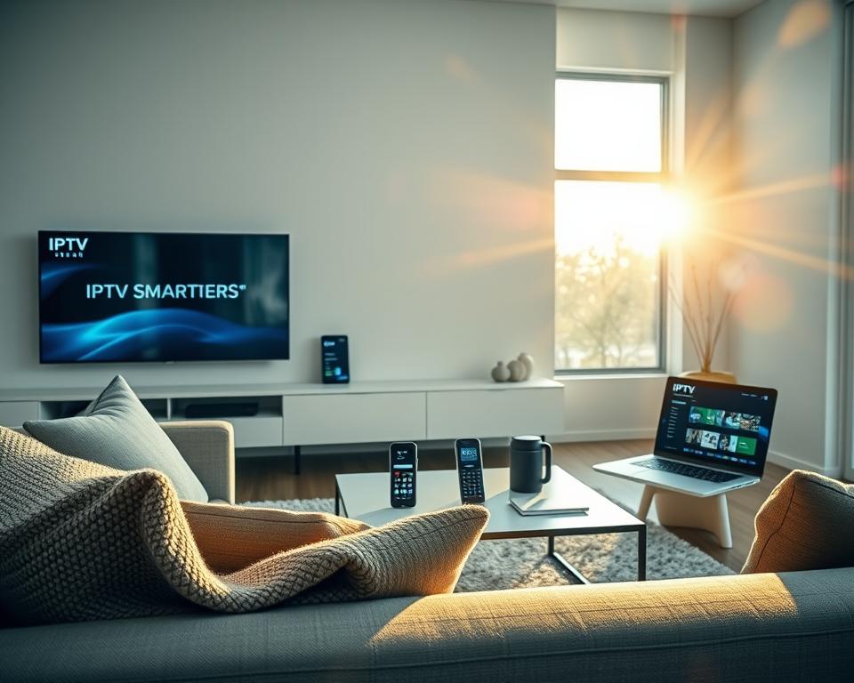 A sleek, modern living room featuring various devices compatible with online streaming, including a smart TV, tablet, smartphone, and laptop displaying the IPTV Smarters app interface. The foreground showcases a cozy sofa with a stylish throw blanket, inviting viewers into the scene. In the middle ground, the devices are strategically placed on a minimalist coffee table and a sleek shelf, all illuminated by soft ambient lighting that creates a warm, welcoming atmosphere. The background features a large window with natural light streaming in, enhancing the feel of a contemporary home. Lens flare adds a touch of vibrancy, and the overall mood is one of connectivity and convenience, showcasing the theme of compatibility with all devices.