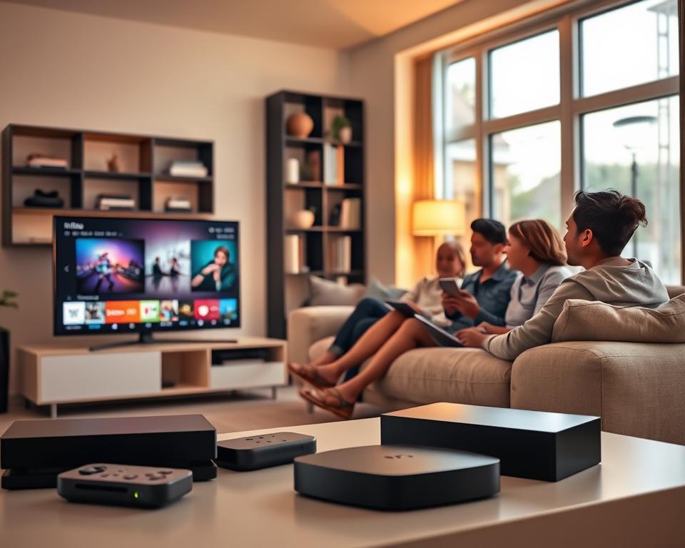 A sleek modern living room featuring various streaming devices seamlessly integrated into the environment. In the foreground, a smart TV displaying a colorful interface surrounded by a gaming console, a streaming box, and a tablet. In the middle ground, a comfortable couch with a family watching together, representing diverse ages and ethnicities, dressed in casual attire, engaged in watching content. The background includes a stylish bookshelf and soft ambient lighting from floor lamps, casting a warm glow over the scene. Large windows allow natural light to flow in, creating an inviting atmosphere. The overall mood is relaxed and inviting, showcasing compatibility between devices in a cozy home setting. A sleek modern living room featuring various streaming devices seamlessly integrated into the environment. In the foreground, a smart TV displaying a colorful interface surrounded by a gaming console, a streaming box, and a tablet. In the middle ground, a comfortable couch with a family watching together, representing diverse ages and ethnicities, dressed in casual attire, engaged in watching content. The background includes a stylish bookshelf and soft ambient lighting from floor lamps, casting a warm glow over the scene. Large windows allow natural light to flow in, creating an inviting atmosphere. The overall mood is relaxed and inviting, showcasing compatibility between devices in a cozy home setting.