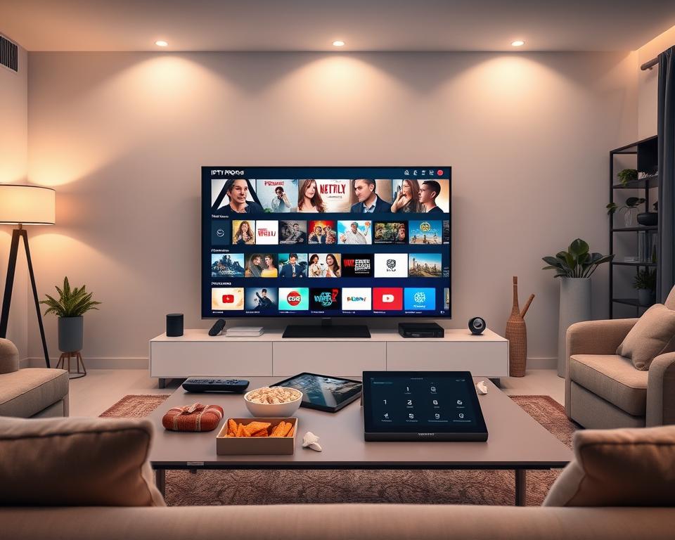 A sleek, modern living room setting as the foreground with a large flat-screen TV displaying the IPTV Pro application interface filled with vibrant images of various streaming content. In the middle ground, a stylish coffee table scattered with a remote control, snacks, and a tablet showcasing additional features of the app. The background should feature soft, ambient lighting that creates a cozy atmosphere, with a decorative bookshelf and indoor plants enhancing the inviting feel. The scene should capture a sense of excitement and premium quality, reflecting exceptional features of the IPTV Pro app, while the overall mood is warm and engaging. Use a wide-angle lens perspective to encompass the entire room and create depth. A sleek, modern living room setting as the foreground with a large flat-screen TV displaying the IPTV Pro application interface filled with vibrant images of various streaming content. In the middle ground, a stylish coffee table scattered with a remote control, snacks, and a tablet showcasing additional features of the app. The background should feature soft, ambient lighting that creates a cozy atmosphere, with a decorative bookshelf and indoor plants enhancing the inviting feel. The scene should capture a sense of excitement and premium quality, reflecting exceptional features of the IPTV Pro app, while the overall mood is warm and engaging. Use a wide-angle lens perspective to encompass the entire room and create depth.