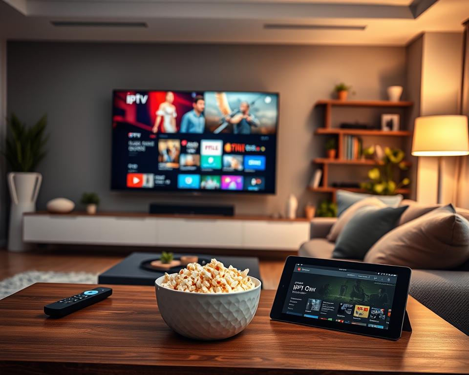 A sleek, modern living room setting featuring a large flat-screen TV displaying vibrant IPTV content with high-definition clarity. In the foreground, a stylish coffee table holds a remote, a bowl of popcorn, and a tablet showcasing the IPTV app interface. In the middle, a comfortable sofa with plush cushions invites relaxation, while a warm glow from a smart floor lamp enhances the cozy atmosphere. The background reveals tastefully arranged shelves with entertainment memorabilia and plants for a touch of greenery. Soft lighting creates a welcoming, high-end feel, emphasizing the premium quality of IPTV streaming services. The scene captures a sense of enjoyment and sophistication in home entertainment. A sleek, modern living room setting featuring a large flat-screen TV displaying vibrant IPTV content with high-definition clarity. In the foreground, a stylish coffee table holds a remote, a bowl of popcorn, and a tablet showcasing the IPTV app interface. In the middle, a comfortable sofa with plush cushions invites relaxation, while a warm glow from a smart floor lamp enhances the cozy atmosphere. The background reveals tastefully arranged shelves with entertainment memorabilia and plants for a touch of greenery. Soft lighting creates a welcoming, high-end feel, emphasizing the premium quality of IPTV streaming services. The scene captures a sense of enjoyment and sophistication in home entertainment.