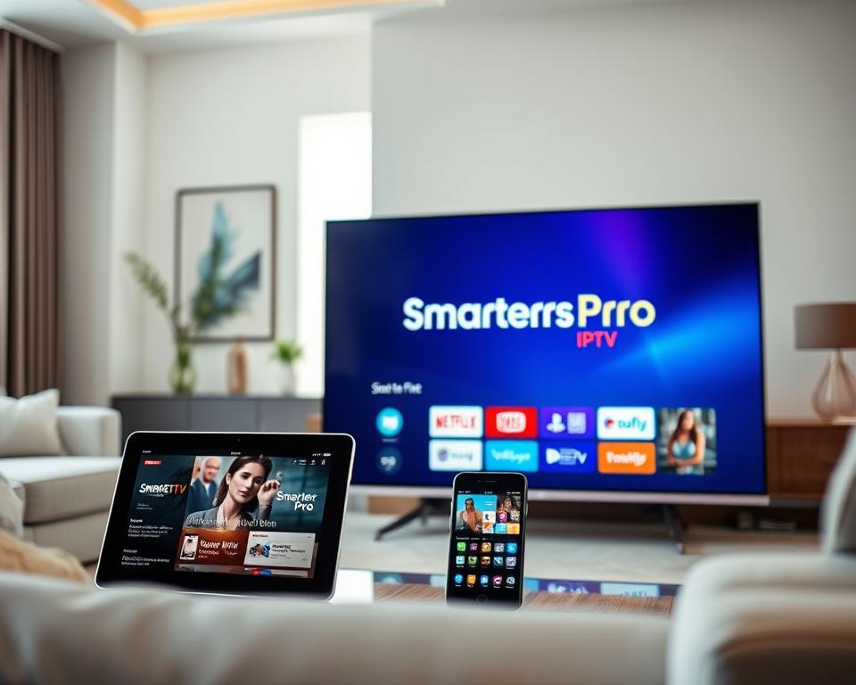 A sleek, modern living room setting in a well-lit environment showcasing various devices compatible with Smarters Pro IPTV, including a smart TV, tablet, and smartphone. In the foreground, the smart TV displays the Smarters Pro logo with a vibrant, engaging interface. The middle layer features a stylish tablet and smartphone, both showing streaming content, emphasizing compatibility across platforms. The background presents elegant decor with soft natural light filtering through a window, creating a welcoming atmosphere. The room has a contemporary feel with a subtle color palette that enhances the technology's features. Capture the essence of convenience and versatility in digital entertainment. The image should evoke a sense of innovation and modern lifestyle. A sleek, modern living room setting in a well-lit environment showcasing various devices compatible with Smarters Pro IPTV, including a smart TV, tablet, and smartphone. In the foreground, the smart TV displays the Smarters Pro logo with a vibrant, engaging interface. The middle layer features a stylish tablet and smartphone, both showing streaming content, emphasizing compatibility across platforms. The background presents elegant decor with soft natural light filtering through a window, creating a welcoming atmosphere. The room has a contemporary feel with a subtle color palette that enhances the technology's features. Capture the essence of convenience and versatility in digital entertainment. The image should evoke a sense of innovation and modern lifestyle.