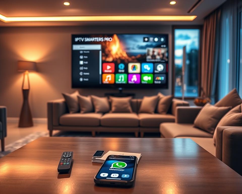 A sleek, modern living room setting showcasing a high-definition television displaying the IPTV Smarters Pro interface. In the foreground, a stylish coffee table featuring a remote control and a smartphone with a WhatsApp icon highlighted. In the middle, a comfortable sofa with plush cushions facing the TV, inviting a cozy viewing experience. In the background, softly lit ambient lighting creates a warm and inviting atmosphere, with a window revealing a twilight sky outside. The image captures a sense of relaxation and entertainment, reflecting the exceptional advantages of IPTV Smarters Pro. Use warm tones and focus on a slightly elevated angle to enhance the richness of the scene, creating a visually appealing and informative portrayal. A sleek, modern living room setting showcasing a high-definition television displaying the IPTV Smarters Pro interface. In the foreground, a stylish coffee table featuring a remote control and a smartphone with a WhatsApp icon highlighted. In the middle, a comfortable sofa with plush cushions facing the TV, inviting a cozy viewing experience. In the background, softly lit ambient lighting creates a warm and inviting atmosphere, with a window revealing a twilight sky outside. The image captures a sense of relaxation and entertainment, reflecting the exceptional advantages of IPTV Smarters Pro. Use warm tones and focus on a slightly elevated angle to enhance the richness of the scene, creating a visually appealing and informative portrayal.