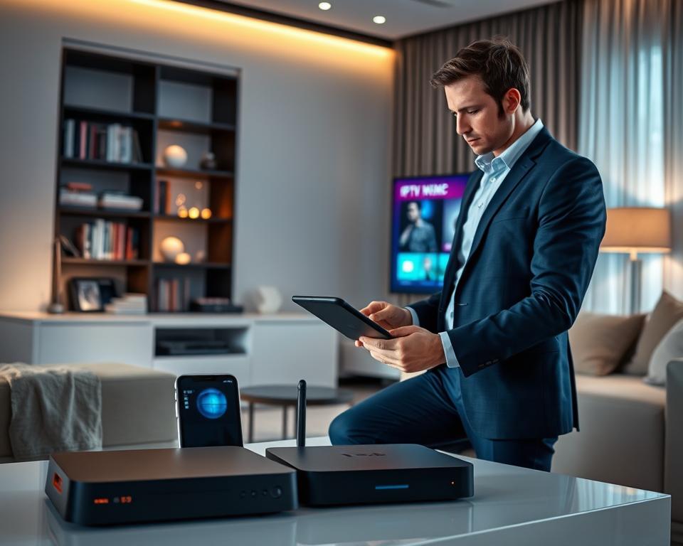 A sleek, modern living room setting, showcasing a high-end IPTV device connected to a large smart TV displaying a vibrant interface of an IPTV Smarters Player. In the foreground, an attentive individual in professional attire interacts with a tablet, analyzing device compatibility features. The middle ground features various devices like a smartphone, laptop, and a streaming box, highlighting their interconnectivity. The background shows subtle hints of tech-related decor, such as a bookshelf with digital media and elegant lighting casting a warm glow over the scene. The atmosphere is inviting and tech-savvy, with a focus on user experience and modern design elements. Capture the scene with soft diffused lighting, a slight angle that emphasizes the device and user interaction, creating a polished and informative representation of IPTV device compatibility. A sleek, modern living room setting, showcasing a high-end IPTV device connected to a large smart TV displaying a vibrant interface of an IPTV Smarters Player. In the foreground, an attentive individual in professional attire interacts with a tablet, analyzing device compatibility features. The middle ground features various devices like a smartphone, laptop, and a streaming box, highlighting their interconnectivity. The background shows subtle hints of tech-related decor, such as a bookshelf with digital media and elegant lighting casting a warm glow over the scene. The atmosphere is inviting and tech-savvy, with a focus on user experience and modern design elements. Capture the scene with soft diffused lighting, a slight angle that emphasizes the device and user interaction, creating a polished and informative representation of IPTV device compatibility.