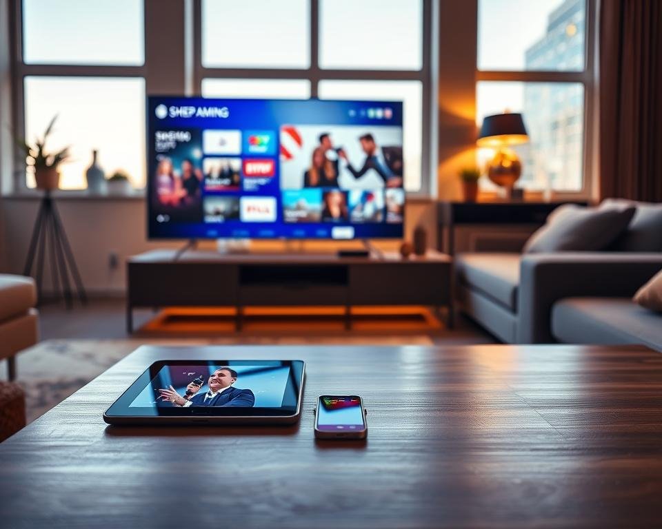 A sleek, modern living room setting showcasing various devices compatible with IPTV services. In the foreground, a smart TV displays a vivid streaming interface, while a tablet and smartphone rest on a stylish coffee table, all glowing softly in warm light. The middle layer includes a comfortable sofa adorned with plush cushions, and a soundbar integrated beneath the TV to convey an immersive viewing experience. In the background, large windows reveal a bright day outside, filtering natural light that enhances the coziness of the space. The atmosphere is inviting and tech-savvy, evoking a sense of enjoyment and relaxation. The composition focuses on harmony between technology and lifestyle, emphasizing compatibility and accessibility across different devices. A sleek, modern living room setting showcasing various devices compatible with IPTV services. In the foreground, a smart TV displays a vivid streaming interface, while a tablet and smartphone rest on a stylish coffee table, all glowing softly in warm light. The middle layer includes a comfortable sofa adorned with plush cushions, and a soundbar integrated beneath the TV to convey an immersive viewing experience. In the background, large windows reveal a bright day outside, filtering natural light that enhances the coziness of the space. The atmosphere is inviting and tech-savvy, evoking a sense of enjoyment and relaxation. The composition focuses on harmony between technology and lifestyle, emphasizing compatibility and accessibility across different devices.