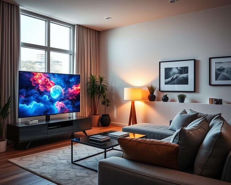A sleek modern living room showcasing a high-definition 4K streaming experience. In the foreground, a stylish flat-screen TV displays vibrant, immersive content. A comfortable couch and elegant coffee table sit nearby, creating a warm and inviting atmosphere. The middle ground features a cozy lamp casting soft, ambient light, enhancing the relaxed feel of the space. The background is adorned with minimalistic decor, including potted plants and framed artwork, providing a contemporary vibe. The scene is well-lit with natural sunlight streaming through large windows, reflecting a sense of sophistication and quality. The overall mood is inviting and tech-savvy, appealing to viewers who appreciate cutting-edge entertainment options. A sleek modern living room showcasing a high-definition 4K streaming experience. In the foreground, a stylish flat-screen TV displays vibrant, immersive content. A comfortable couch and elegant coffee table sit nearby, creating a warm and inviting atmosphere. The middle ground features a cozy lamp casting soft, ambient light, enhancing the relaxed feel of the space. The background is adorned with minimalistic decor, including potted plants and framed artwork, providing a contemporary vibe. The scene is well-lit with natural sunlight streaming through large windows, reflecting a sense of sophistication and quality. The overall mood is inviting and tech-savvy, appealing to viewers who appreciate cutting-edge entertainment options.