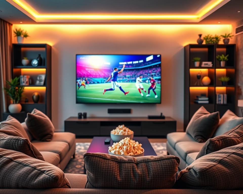 A sleek, modern living room showcasing a high-definition 4K television displaying vibrant IPTV content. In the foreground, a comfortable sofa adorned with plush cushions invites viewers in. The coffee table features a remote control and a bowl of popcorn, emphasizing a cozy, entertainment-focused atmosphere. In the middle, the TV screen showcases an exciting sports event in brilliant colors. A subtle glow of ambient lighting in warm tones creates a welcoming vibe. The background features stylish shelves with decorative plants and books, enhancing the sophisticated decor. Use soft focus for the background, highlighting the clarity of the TV display, and shoot from a slightly elevated angle to capture the inviting atmosphere of a perfect IPTV viewing experience. A sleek, modern living room showcasing a high-definition 4K television displaying vibrant IPTV content. In the foreground, a comfortable sofa adorned with plush cushions invites viewers in. The coffee table features a remote control and a bowl of popcorn, emphasizing a cozy, entertainment-focused atmosphere. In the middle, the TV screen showcases an exciting sports event in brilliant colors. A subtle glow of ambient lighting in warm tones creates a welcoming vibe. The background features stylish shelves with decorative plants and books, enhancing the sophisticated decor. Use soft focus for the background, highlighting the clarity of the TV display, and shoot from a slightly elevated angle to capture the inviting atmosphere of a perfect IPTV viewing experience.