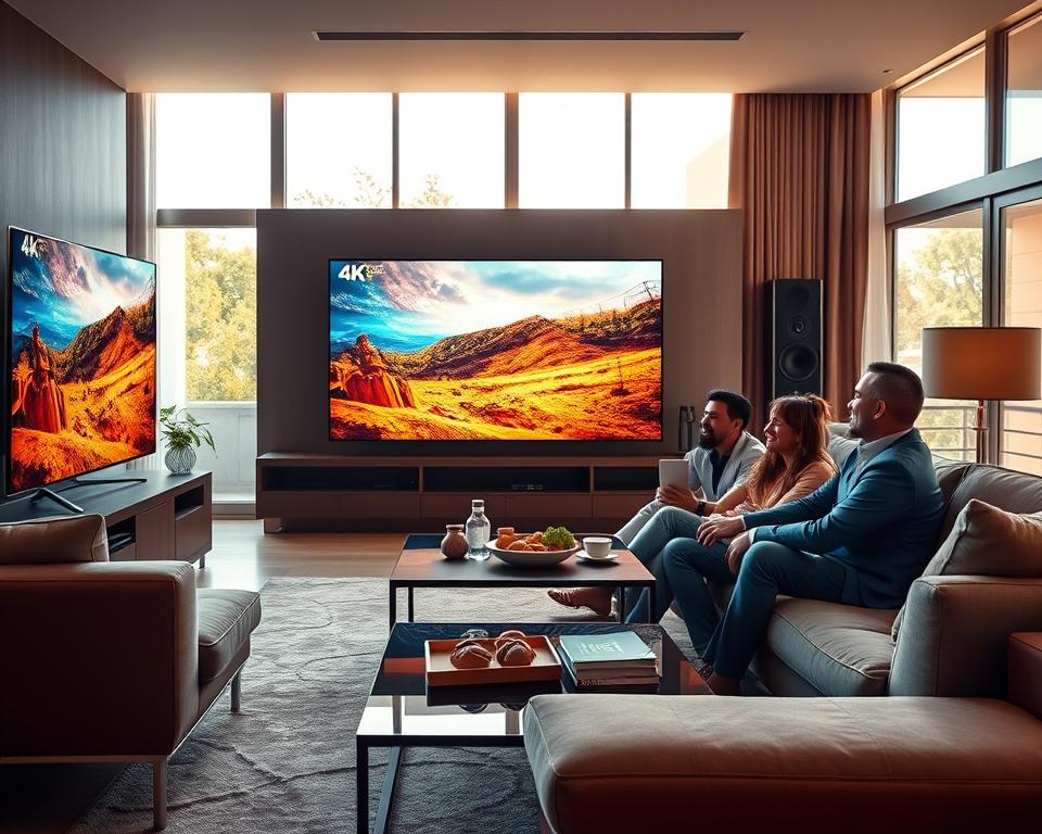 A sleek, modern living room showcasing a large flat-screen TV displaying vibrant 4K content with stunning colors and sharp details. In the foreground, a well-dressed family is comfortably seated on a stylish sofa, engaged and smiling as they enjoy their favorite TV show. The middle layer features an elegant coffee table with snacks and drinks, contributing to a cozy atmosphere. The background shows large windows with sunlight streaming in, enhancing the warm ambiance of the room. The lighting is bright yet soft, creating a welcoming feel. Capture this scene from a slightly elevated angle to reveal the full depth of the room and emphasize the stunning picture quality of the TV. Aim for a harmonious atmosphere, celebrating family time and the benefits of high-quality IPTV services. A sleek, modern living room showcasing a large flat-screen TV displaying vibrant 4K content with stunning colors and sharp details. In the foreground, a well-dressed family is comfortably seated on a stylish sofa, engaged and smiling as they enjoy their favorite TV show. The middle layer features an elegant coffee table with snacks and drinks, contributing to a cozy atmosphere. The background shows large windows with sunlight streaming in, enhancing the warm ambiance of the room. The lighting is bright yet soft, creating a welcoming feel. Capture this scene from a slightly elevated angle to reveal the full depth of the room and emphasize the stunning picture quality of the TV. Aim for a harmonious atmosphere, celebrating family time and the benefits of high-quality IPTV services.
