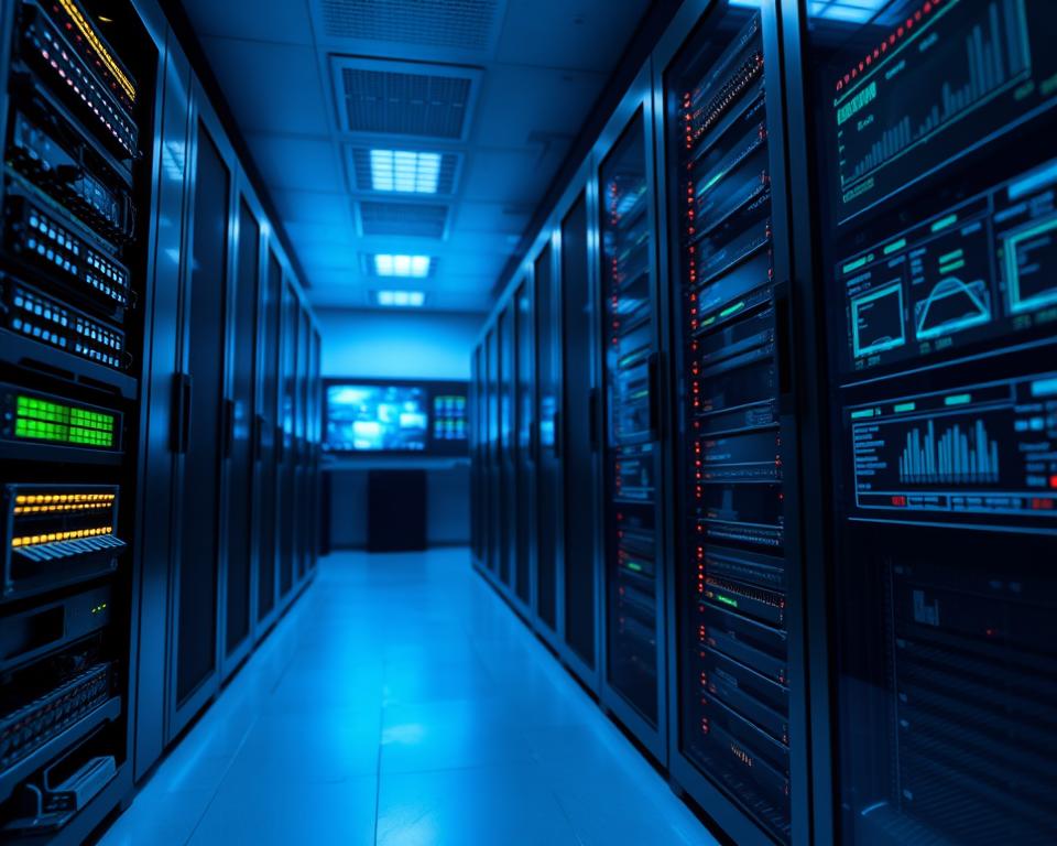 A sleek, modern server room featuring high-tech streaming servers aligned vertically along a wall. In the foreground, focus on a detailed server with glowing LED indicators and intricate wiring, showcasing its premium specifications. The middle ground reveals multiple racks of servers, each equipped with advanced cooling systems, while the background highlights a futuristic control panel with vibrant screens displaying streaming data metrics. Soft, ambient lighting casts a cool blue hue throughout the room, creating a professional and high-tech atmosphere. The angle is slightly elevated to emphasize the verticality of the server racks, capturing a sense of innovation and sophistication. The overall mood is focused and cutting-edge, ideal for a context centered around premium streaming technology. A sleek, modern server room featuring high-tech streaming servers aligned vertically along a wall. In the foreground, focus on a detailed server with glowing LED indicators and intricate wiring, showcasing its premium specifications. The middle ground reveals multiple racks of servers, each equipped with advanced cooling systems, while the background highlights a futuristic control panel with vibrant screens displaying streaming data metrics. Soft, ambient lighting casts a cool blue hue throughout the room, creating a professional and high-tech atmosphere. The angle is slightly elevated to emphasize the verticality of the server racks, capturing a sense of innovation and sophistication. The overall mood is focused and cutting-edge, ideal for a context centered around premium streaming technology.