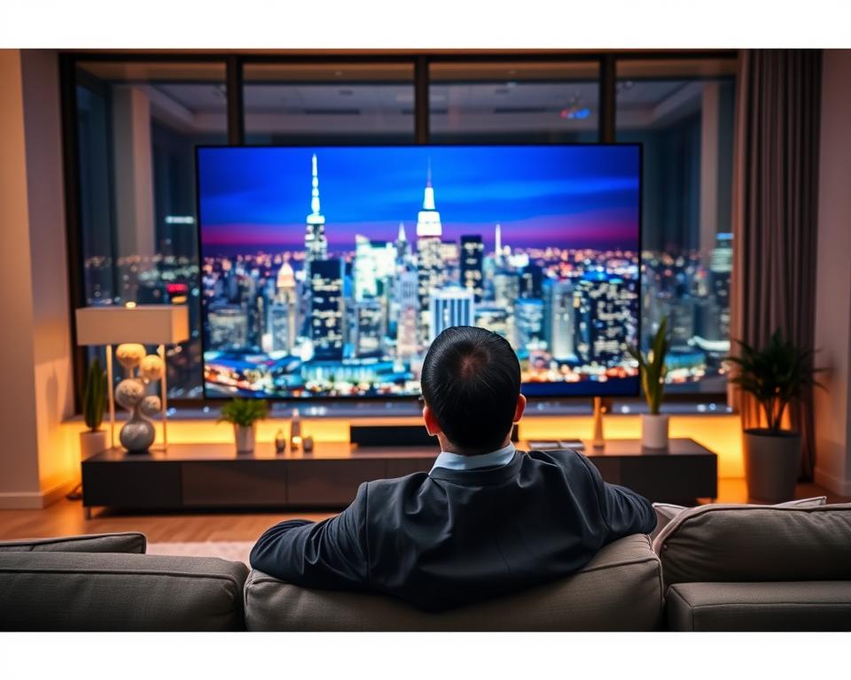 A sleek, modern television showcasing a vibrant image of a cityscape at night, emanating exceptional picture quality. In the foreground, a professional-looking person, dressed in business attire, is seated comfortably on a stylish sofa, gazing at the screen with expressions of awe and satisfaction. The middle ground features a contemporary living room, well-lit with warm, ambient lighting that adds a cozy atmosphere. Modern decor, including minimalistic furniture and decorative plants, enhances the scene. The background reveals large windows with a view of the illuminated skyline. The overall mood is inviting and sophisticated, emphasizing the extraordinary viewing experience made possible by IPTV technology. The angle is a slightly elevated perspective, capturing both the television and the viewer's engaged reaction without any distractions. A sleek, modern television showcasing a vibrant image of a cityscape at night, emanating exceptional picture quality. In the foreground, a professional-looking person, dressed in business attire, is seated comfortably on a stylish sofa, gazing at the screen with expressions of awe and satisfaction. The middle ground features a contemporary living room, well-lit with warm, ambient lighting that adds a cozy atmosphere. Modern decor, including minimalistic furniture and decorative plants, enhances the scene. The background reveals large windows with a view of the illuminated skyline. The overall mood is inviting and sophisticated, emphasizing the extraordinary viewing experience made possible by IPTV technology. The angle is a slightly elevated perspective, capturing both the television and the viewer's engaged reaction without any distractions.