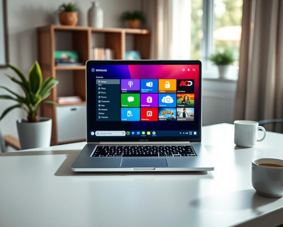 A sleek, modern user interface of IPTV Smarters Pro displayed on a Windows laptop, positioned on a clean, minimalistic desk. In the foreground, the laptop screen glows with vibrant, colorful icons representing various IPTV features, creating an inviting atmosphere. The middle layer showcases the laptop itself, with soft reflections highlighting its sleek design. The background features a softly lit room with subtle hints of technology—a potted plant, a coffee mug, and a blurred bookshelf—contributing to a professional yet cozy vibe. Natural light filters through a nearby window, casting gentle shadows, enhancing the scene's warmth and usability. A sleek, modern user interface of IPTV Smarters Pro displayed on a Windows laptop, positioned on a clean, minimalistic desk. In the foreground, the laptop screen glows with vibrant, colorful icons representing various IPTV features, creating an inviting atmosphere. The middle layer showcases the laptop itself, with soft reflections highlighting its sleek design. The background features a softly lit room with subtle hints of technology—a potted plant, a coffee mug, and a blurred bookshelf—contributing to a professional yet cozy vibe. Natural light filters through a nearby window, casting gentle shadows, enhancing the scene's warmth and usability.