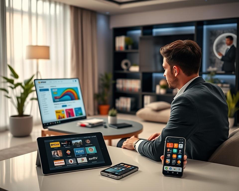 A sleek, modern workspace displaying the process of subscribing to an IPTV service. In the foreground, a professional-looking person, dressed in business attire, is seated at a desk with a laptop open, navigating an intuitive website interface. The screen shows a colorful subscription page with various IPTV plans displayed. In the middle ground, there's a small coffee table with a tablet and a smartphone, showcasing the IPTV app interface. The background features a cozy office setup with soft ambient lighting, a bookshelf filled with tech magazines, and a potted plant, creating a welcoming atmosphere. The image should reflect a sense of convenience and modernity, using soft focus to highlight the subscriber's experience. A sleek, modern workspace displaying the process of subscribing to an IPTV service. In the foreground, a professional-looking person, dressed in business attire, is seated at a desk with a laptop open, navigating an intuitive website interface. The screen shows a colorful subscription page with various IPTV plans displayed. In the middle ground, there's a small coffee table with a tablet and a smartphone, showcasing the IPTV app interface. The background features a cozy office setup with soft ambient lighting, a bookshelf filled with tech magazines, and a potted plant, creating a welcoming atmosphere. The image should reflect a sense of convenience and modernity, using soft focus to highlight the subscriber's experience.