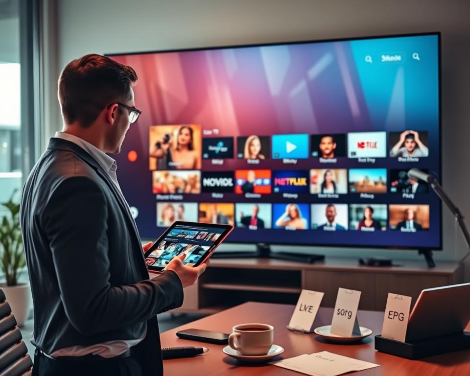 A sleek modern workspace featuring a large high-definition screen displaying the interface of the IPTV Smarters application. In the foreground, a professional user in smart casual attire interacts with the app on a tablet, showcasing vibrant content options like live TV, movies, and series. The middle ground includes elements such as a stylish desk with tech gadgets, a cup of coffee, and notes indicating user-friendly features like channel sorting and EPG (Electronic Program Guide). The background is bright and airy, with natural light streaming through a large window, creating an inviting atmosphere. Use soft, warm lighting to enhance the focus on the screen’s vibrant colors and interface design, emphasizing the innovation and ease of use of IPTV Smarters, captured from a slight angle for a dynamic perspective. A sleek modern workspace featuring a large high-definition screen displaying the interface of the IPTV Smarters application. In the foreground, a professional user in smart casual attire interacts with the app on a tablet, showcasing vibrant content options like live TV, movies, and series. The middle ground includes elements such as a stylish desk with tech gadgets, a cup of coffee, and notes indicating user-friendly features like channel sorting and EPG (Electronic Program Guide). The background is bright and airy, with natural light streaming through a large window, creating an inviting atmosphere. Use soft, warm lighting to enhance the focus on the screen’s vibrant colors and interface design, emphasizing the innovation and ease of use of IPTV Smarters, captured from a slight angle for a dynamic perspective.