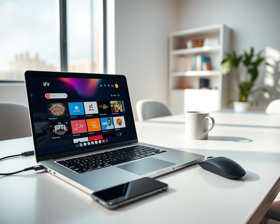 A sleek, modern workspace featuring a stylish laptop displaying the IPTV Smarters Pro application interface on its screen. The foreground includes a close-up of the laptop with vivid colors and detailed icons from the app. In the middle ground, there are essential accessories like a smartphone, a wireless mouse, and a coffee cup, enhancing the tech-savvy atmosphere. The background shows a bright and minimalistic office setting, with soft natural light streaming in through a window, casting gentle shadows. The scene conveys a feeling of productivity and innovation, perfect for users eager to download and explore IPTV Smarters Pro on Windows. The overall composition is clean and professional, emphasizing the theme of technology and efficiency without any text or markings. A sleek, modern workspace featuring a stylish laptop displaying the IPTV Smarters Pro application interface on its screen. The foreground includes a close-up of the laptop with vivid colors and detailed icons from the app. In the middle ground, there are essential accessories like a smartphone, a wireless mouse, and a coffee cup, enhancing the tech-savvy atmosphere. The background shows a bright and minimalistic office setting, with soft natural light streaming in through a window, casting gentle shadows. The scene conveys a feeling of productivity and innovation, perfect for users eager to download and explore IPTV Smarters Pro on Windows. The overall composition is clean and professional, emphasizing the theme of technology and efficiency without any text or markings.
