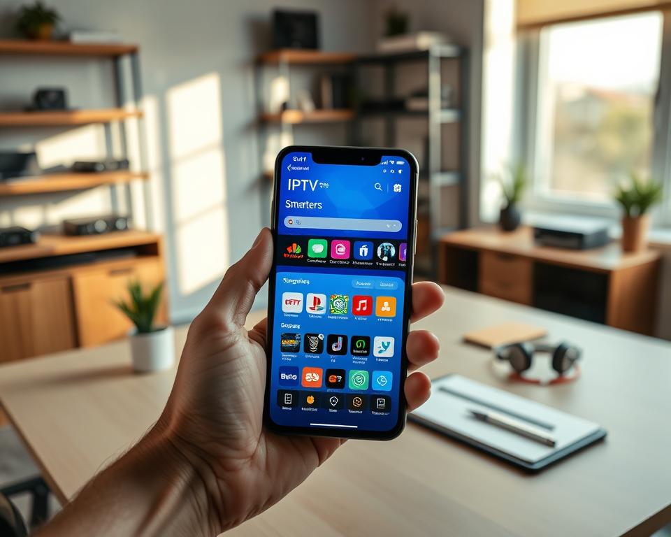 A sleek smartphone displaying the IPTV Smarters Pro application interface on a vibrant screen, set against a modern workspace. In the foreground, the device is held in a person's hand, showcasing a user-friendly layout with colorful icons and streaming options. The middle layer features a stylish desk with minimalistic design elements like a potted plant, headphones, and a notepad, creating an inviting atmosphere. In the background, soft-focus shelves with various tech gadgets contribute to a contemporary setting. Natural light filters in from a window, casting gentle shadows and enhancing the professional yet relaxed mood. The overall image conveys a sense of ease in downloading and using the IPTV app on Android devices, aimed at enhancing user experience. A sleek smartphone displaying the IPTV Smarters Pro application interface on a vibrant screen, set against a modern workspace. In the foreground, the device is held in a person's hand, showcasing a user-friendly layout with colorful icons and streaming options. The middle layer features a stylish desk with minimalistic design elements like a potted plant, headphones, and a notepad, creating an inviting atmosphere. In the background, soft-focus shelves with various tech gadgets contribute to a contemporary setting. Natural light filters in from a window, casting gentle shadows and enhancing the professional yet relaxed mood. The overall image conveys a sense of ease in downloading and using the IPTV app on Android devices, aimed at enhancing user experience.