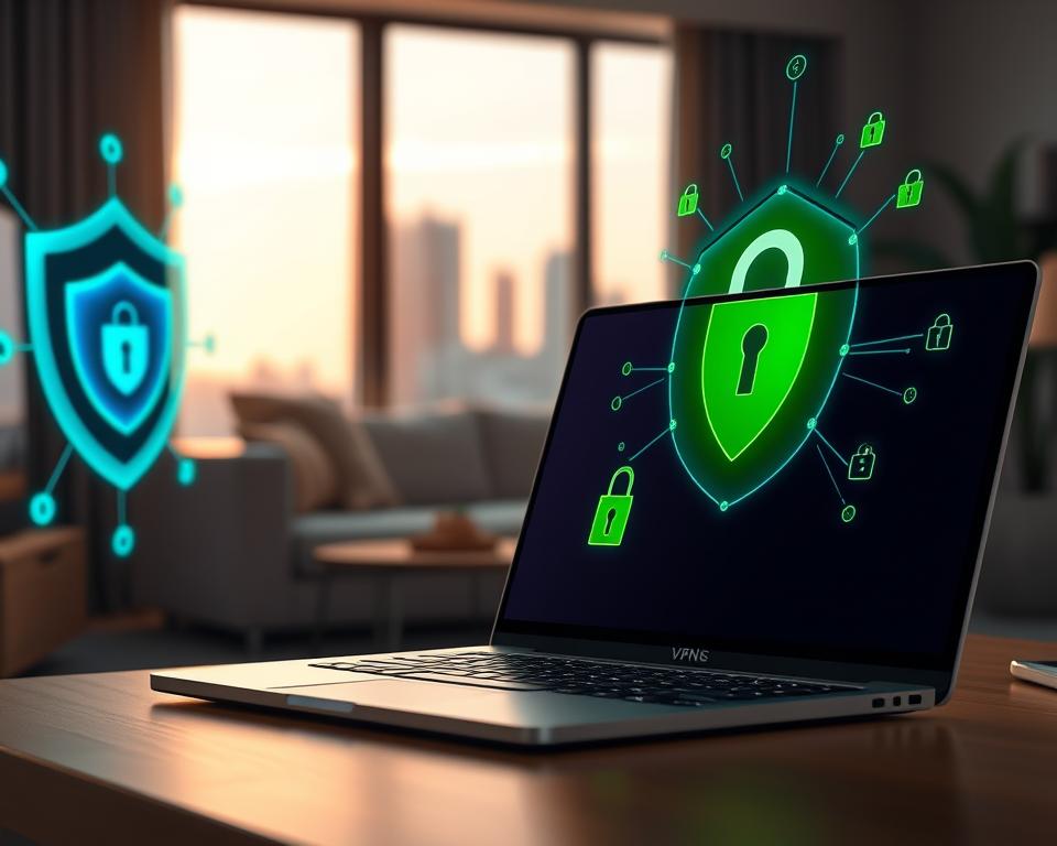 A sophisticated illustration representing VPN security for streaming services. In the foreground, a sleek laptop displaying a secure connection interface, with green locks symbolizing encryption. To the left, an abstract digital shield represents cybersecurity, surrounded by interconnected data streams in vibrant blue and green hues. In the middle, a modern home environment with a comfortable couch and soft lighting creates a relaxed atmosphere, conveying the concept of home streaming. In the background, a subtle city skyline is visible through a large window, hinting at the wider online world, blurred to emphasize focus on the foreground. The mood should be secure and inviting, suggesting peace of mind while using streaming services safely. Soft, warm lighting enhances the friendly yet professional atmosphere. A sophisticated illustration representing VPN security for streaming services. In the foreground, a sleek laptop displaying a secure connection interface, with green locks symbolizing encryption. To the left, an abstract digital shield represents cybersecurity, surrounded by interconnected data streams in vibrant blue and green hues. In the middle, a modern home environment with a comfortable couch and soft lighting creates a relaxed atmosphere, conveying the concept of home streaming. In the background, a subtle city skyline is visible through a large window, hinting at the wider online world, blurred to emphasize focus on the foreground. The mood should be secure and inviting, suggesting peace of mind while using streaming services safely. Soft, warm lighting enhances the friendly yet professional atmosphere.