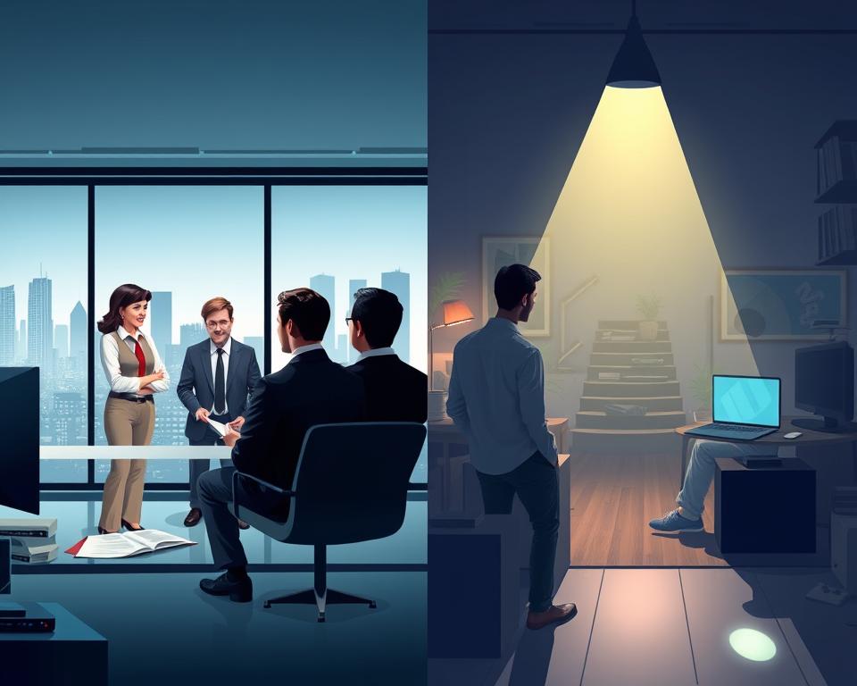 A split-scene illustration contrasting legal and illegal IPTV services. On the left, a bright and organized office setting showcasing a diverse group of three professionals in smart business attire discussing IPTV contracts, with legal documents and branded logos visible around them. On the right, a dimly lit, cluttered room with one individual in casual clothing, absently viewing unlicensed streaming content on a laptop, surrounded by unmarked devices and a chaotic environment. The background features a city skyline indicating modern technology, while the lighting clearly distinguishes the professionalism on the left from the shadowy atmosphere on the right. The overall mood is informative and engaging, emphasizing the stark differences between the two IPTV services. A split-scene illustration contrasting legal and illegal IPTV services. On the left, a bright and organized office setting showcasing a diverse group of three professionals in smart business attire discussing IPTV contracts, with legal documents and branded logos visible around them. On the right, a dimly lit, cluttered room with one individual in casual clothing, absently viewing unlicensed streaming content on a laptop, surrounded by unmarked devices and a chaotic environment. The background features a city skyline indicating modern technology, while the lighting clearly distinguishes the professionalism on the left from the shadowy atmosphere on the right. The overall mood is informative and engaging, emphasizing the stark differences between the two IPTV services.