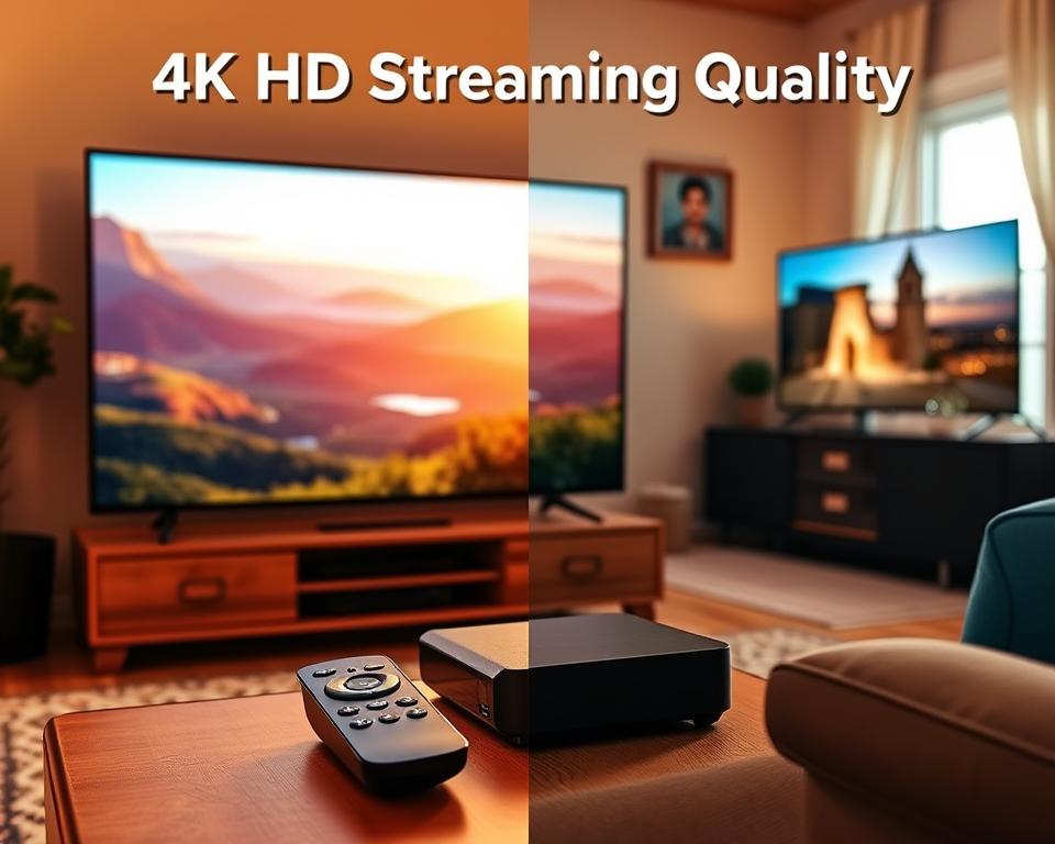 A split-screen comparison image depicting "4K HD Streaming Quality." On the left side, showcase a vibrant living room setup with a large flat-screen TV displaying a stunning, sharp 4K image of a scenic landscape. Use warm, natural lighting to highlight the rich colors and details. In the foreground, include a sleek remote control and modern streaming device, emphasizing advanced technology. On the right side, display a slightly blurred image of a traditional TV with a lower resolution picture, illustrating the contrast. The background should show a cozy home environment, enhancing the inviting atmosphere. Ensure the overall mood reflects the excitement and clarity of high-definition streaming, appealing to tech-savvy viewers considering IPTV options. A split-screen comparison image depicting "4K HD Streaming Quality." On the left side, showcase a vibrant living room setup with a large flat-screen TV displaying a stunning, sharp 4K image of a scenic landscape. Use warm, natural lighting to highlight the rich colors and details. In the foreground, include a sleek remote control and modern streaming device, emphasizing advanced technology. On the right side, display a slightly blurred image of a traditional TV with a lower resolution picture, illustrating the contrast. The background should show a cozy home environment, enhancing the inviting atmosphere. Ensure the overall mood reflects the excitement and clarity of high-definition streaming, appealing to tech-savvy viewers considering IPTV options.