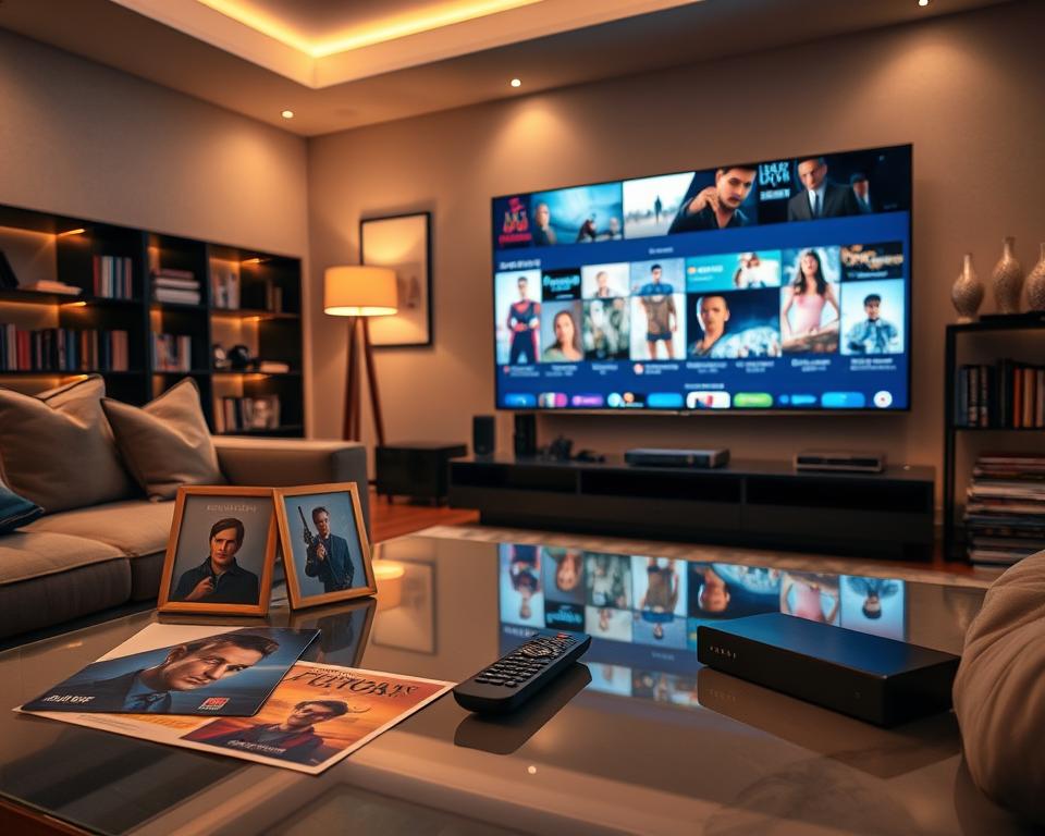 A stylish, modern living room setting designed for entertainment, focusing on a sleek, large flat-screen television displaying vibrant visuals of various TV shows and movies. In the foreground, a stylish coffee table with a glossy finish holds promotional materials featuring iconic TV show imagery, framed artwork, and a remote control. The middle section reveals an inviting sofa adorned with plush cushions, while a nearby bookshelf displays a curated selection of DVDs and streaming device gadgets. In the background, soft ambient lighting creates a cozy atmosphere, with warm tones illuminating the room and enhancing the inviting feel. The camera angle is slightly above eye level, capturing the essence of contemporary home entertainment while evoking a sense of excitement about exclusive content. A stylish, modern living room setting designed for entertainment, focusing on a sleek, large flat-screen television displaying vibrant visuals of various TV shows and movies. In the foreground, a stylish coffee table with a glossy finish holds promotional materials featuring iconic TV show imagery, framed artwork, and a remote control. The middle section reveals an inviting sofa adorned with plush cushions, while a nearby bookshelf displays a curated selection of DVDs and streaming device gadgets. In the background, soft ambient lighting creates a cozy atmosphere, with warm tones illuminating the room and enhancing the inviting feel. The camera angle is slightly above eye level, capturing the essence of contemporary home entertainment while evoking a sense of excitement about exclusive content.