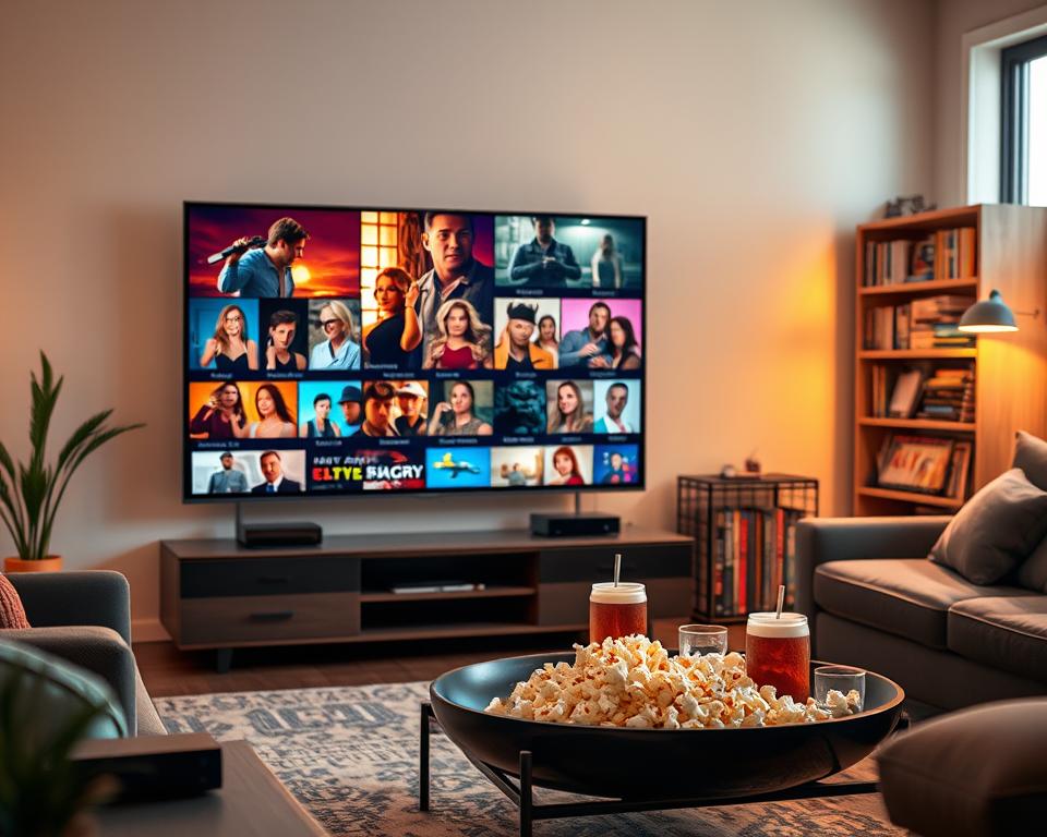 A vibrant and dynamic scene depicting a variety of television content. In the foreground, a modern living room with a sleek flat-screen TV displaying a colorful montage of different genres: thrilling action scenes, emotionally engaging dramas, and humorous comedies. Several entertainment devices like a streaming box and a gaming console are subtly visible. In the middle ground, a stylish coffee table with popcorn and drinks creates a cozy atmosphere. In the background, a soft-focus bookshelf brimming with DVDs and magazines reflects diverse interests. The lighting is warm and inviting, casting a gentle glow across the room, while a large window allows for natural light to brighten the space. The overall mood is lively and inviting, celebrating the excitement of exclusive and varied television content. A vibrant and dynamic scene depicting a variety of television content. In the foreground, a modern living room with a sleek flat-screen TV displaying a colorful montage of different genres: thrilling action scenes, emotionally engaging dramas, and humorous comedies. Several entertainment devices like a streaming box and a gaming console are subtly visible. In the middle ground, a stylish coffee table with popcorn and drinks creates a cozy atmosphere. In the background, a soft-focus bookshelf brimming with DVDs and magazines reflects diverse interests. The lighting is warm and inviting, casting a gentle glow across the room, while a large window allows for natural light to brighten the space. The overall mood is lively and inviting, celebrating the excitement of exclusive and varied television content.