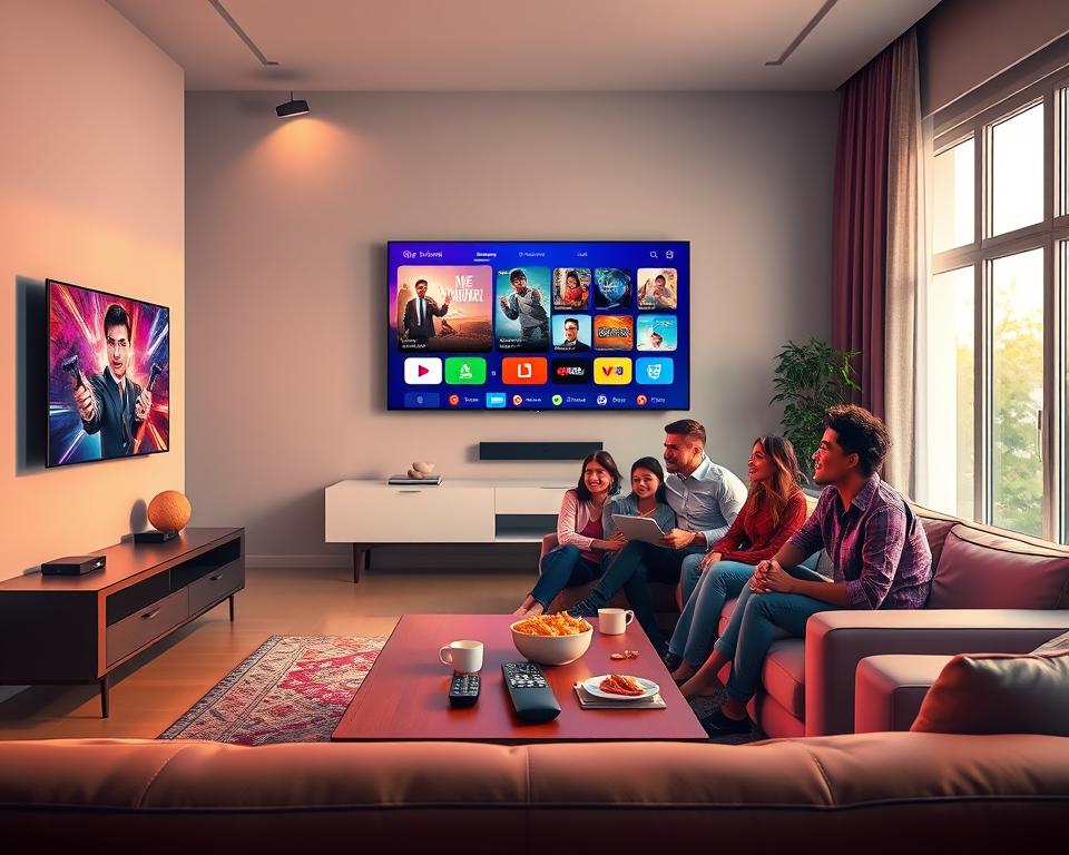 A vibrant and engaging digital illustration showcasing the advantages of high-quality streaming with IPTV Smarters Premium. In the foreground, depict a sleek modern living room with a comfortable sofa and a large wall-mounted TV displaying a vivid, colorful streaming interface. On the coffee table, include remote controls and snacks, evoking a cozy movie night atmosphere. In the middle ground, show a family of diverse individuals enjoying the streaming experience, dressed in smart casual attire, smiling, and engaged with the content. In the background, create a view of a bright window letting in soft natural light, enhancing the warm ambiance. Overall, convey feelings of joy, satisfaction, and the excitement of immersive entertainment in a beautifully designed space. A vibrant and engaging digital illustration showcasing the advantages of high-quality streaming with IPTV Smarters Premium. In the foreground, depict a sleek modern living room with a comfortable sofa and a large wall-mounted TV displaying a vivid, colorful streaming interface. On the coffee table, include remote controls and snacks, evoking a cozy movie night atmosphere. In the middle ground, show a family of diverse individuals enjoying the streaming experience, dressed in smart casual attire, smiling, and engaged with the content. In the background, create a view of a bright window letting in soft natural light, enhancing the warm ambiance. Overall, convey feelings of joy, satisfaction, and the excitement of immersive entertainment in a beautifully designed space.