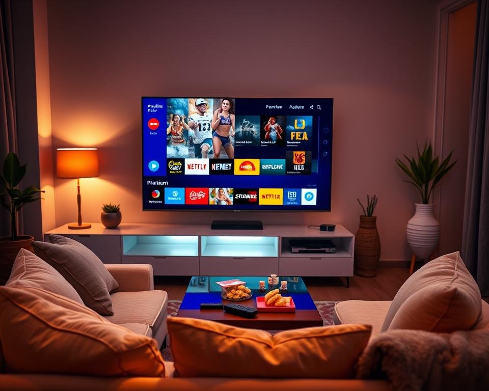 A vibrant and modern home entertainment setup showcasing a sleek smart TV displaying a variety of streaming services in a cozy, stylish living room. In the foreground, a comfortable sofa adorned with plush cushions invites relaxation, while a coffee table holds snacks and a remote control. In the middle, a subtle, glowing light emanates from the TV, highlighting icons for premium content. The background features minimalistic decor, with warm, ambient lighting and a few decorative plants creating a welcoming atmosphere. A sense of excitement and anticipation fills the scene, emphasizing the convenience and luxury of premium IPTV subscriptions. The overall mood is inviting and tech-savvy, perfect for enhancing the viewer's entertainment experience. A vibrant and modern home entertainment setup showcasing a sleek smart TV displaying a variety of streaming services in a cozy, stylish living room. In the foreground, a comfortable sofa adorned with plush cushions invites relaxation, while a coffee table holds snacks and a remote control. In the middle, a subtle, glowing light emanates from the TV, highlighting icons for premium content. The background features minimalistic decor, with warm, ambient lighting and a few decorative plants creating a welcoming atmosphere. A sense of excitement and anticipation fills the scene, emphasizing the convenience and luxury of premium IPTV subscriptions. The overall mood is inviting and tech-savvy, perfect for enhancing the viewer's entertainment experience.