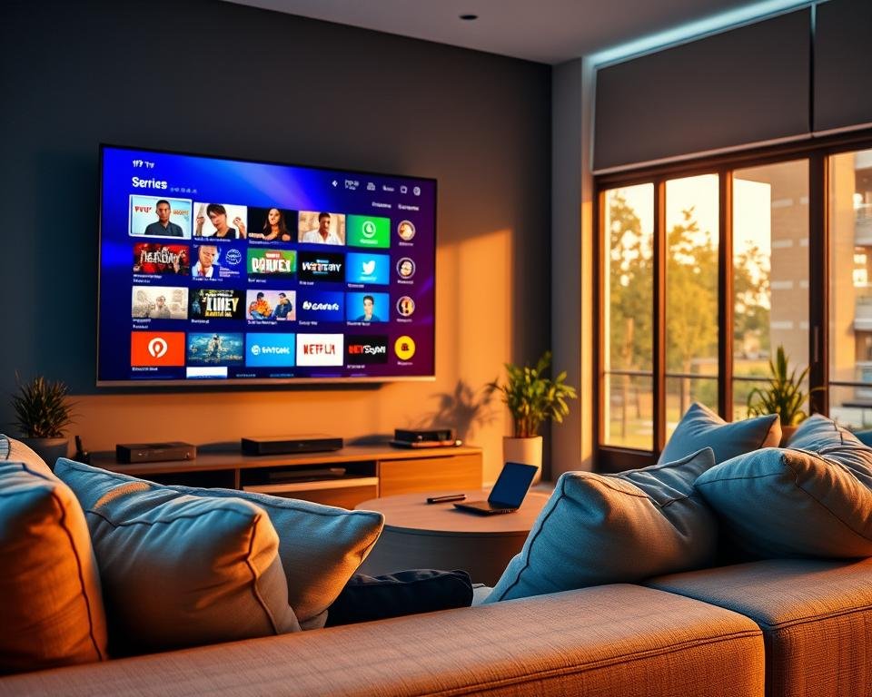 A vibrant and visually engaging scene showcasing the benefits of IPTV subscriptions. In the foreground, a sleek, modern living room with a high-definition flat-screen TV displaying a variety of colorful channels and vibrant program thumbnails. A comfortable sofa adorned with plush cushions invites viewers to relax. In the middle ground, a subtle arrangement of tech devices like a streaming box and a tablet highlights the integration of technology. In the background, large windows provide natural light, casting a warm glow across the room, creating a cozy atmosphere. The overall mood is inviting and sophisticated, reflecting the premium quality of the IPTV subscription. The lighting is soft, emphasizing the rich colors of the on-screen content without overwhelming the viewer. A vibrant and visually engaging scene showcasing the benefits of IPTV subscriptions. In the foreground, a sleek, modern living room with a high-definition flat-screen TV displaying a variety of colorful channels and vibrant program thumbnails. A comfortable sofa adorned with plush cushions invites viewers to relax. In the middle ground, a subtle arrangement of tech devices like a streaming box and a tablet highlights the integration of technology. In the background, large windows provide natural light, casting a warm glow across the room, creating a cozy atmosphere. The overall mood is inviting and sophisticated, reflecting the premium quality of the IPTV subscription. The lighting is soft, emphasizing the rich colors of the on-screen content without overwhelming the viewer.