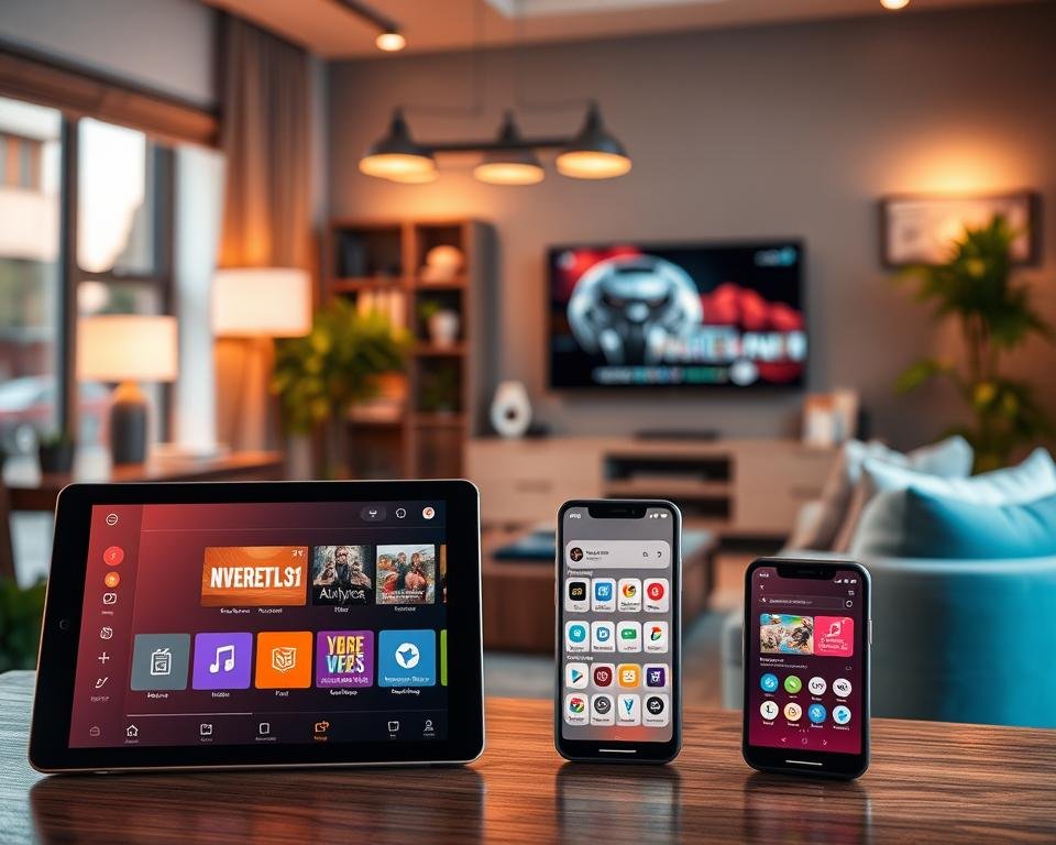 A vibrant digital illustration of various IPTV alternatives represented as sleek, modern application interfaces displayed on a tablet and smartphone. In the foreground, focus on the devices showcasing user-friendly layouts and diverse streaming options, each with unique color schemes and icons. The middle ground features a stylish workspace with a cozy ambiance, dimmable ambient lighting casting a warm glow, and a blurred computer monitor displaying advanced media streaming analytics. In the background, a modern living room is visible, decorated with contemporary furniture, soft cushions, and a large flat-screen TV tuned to an entertainment channel. The atmosphere is bustling yet professional, evoking a sense of technological innovation and user empowerment in the realm of digital television. A vibrant digital illustration of various IPTV alternatives represented as sleek, modern application interfaces displayed on a tablet and smartphone. In the foreground, focus on the devices showcasing user-friendly layouts and diverse streaming options, each with unique color schemes and icons. The middle ground features a stylish workspace with a cozy ambiance, dimmable ambient lighting casting a warm glow, and a blurred computer monitor displaying advanced media streaming analytics. In the background, a modern living room is visible, decorated with contemporary furniture, soft cushions, and a large flat-screen TV tuned to an entertainment channel. The atmosphere is bustling yet professional, evoking a sense of technological innovation and user empowerment in the realm of digital television.
