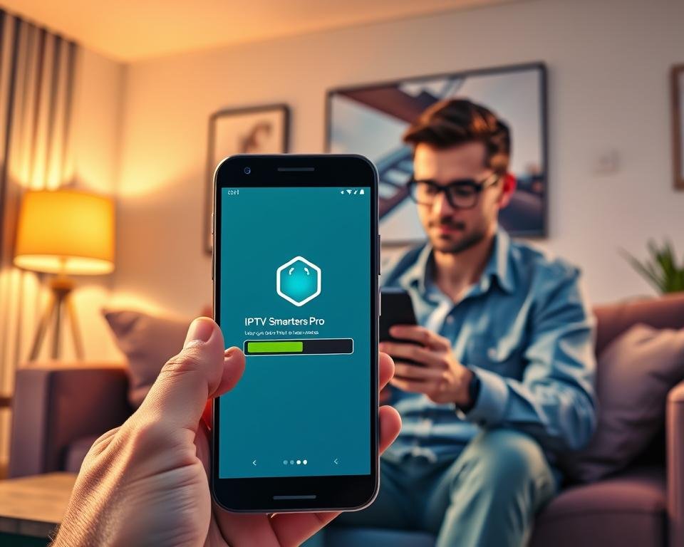 A vibrant illustration showcasing the process of downloading an Android application, specifically for IPTV Smarters Pro. In the foreground, a modern smartphone displays the app's icon on its screen, with an animated visual effect indicating the download progress. In the middle, a user with a focused expression, wearing smart casual attire, interacts with the phone, highlighting the ease of installation. The background features a cozy living room setting with soft, ambient lighting, creating a warm and inviting atmosphere. Use a shallow depth of field to keep the focus on the phone and the user, while slightly blurring the background elements. The overall mood should be informative and encouraging, emphasizing a simple guide for smartphone users. A vibrant illustration showcasing the process of downloading an Android application, specifically for IPTV Smarters Pro. In the foreground, a modern smartphone displays the app's icon on its screen, with an animated visual effect indicating the download progress. In the middle, a user with a focused expression, wearing smart casual attire, interacts with the phone, highlighting the ease of installation. The background features a cozy living room setting with soft, ambient lighting, creating a warm and inviting atmosphere. Use a shallow depth of field to keep the focus on the phone and the user, while slightly blurring the background elements. The overall mood should be informative and encouraging, emphasizing a simple guide for smartphone users.