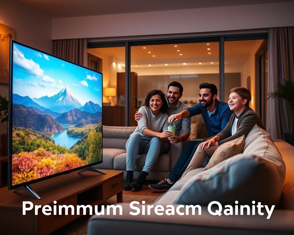 A vibrant living room scene showcasing premium streaming quality. In the foreground, a sleek, modern television displays a beautifully detailed and colorful image of a scenic landscape, emphasizing clarity and high-definition quality. A cozy sofa is positioned around the TV, adorned with plush cushions. In the middle ground, a family of four, dressed in smart casual clothing, is enjoying a movie night together, with expressions of joy and engagement. Behind them, soft ambient lighting creates a warm and inviting atmosphere, with subtle reflections in a large window showcasing a serene night sky. The overall mood is relaxed and family-oriented, capturing the essence of exceptional service at home. A vibrant living room scene showcasing premium streaming quality. In the foreground, a sleek, modern television displays a beautifully detailed and colorful image of a scenic landscape, emphasizing clarity and high-definition quality. A cozy sofa is positioned around the TV, adorned with plush cushions. In the middle ground, a family of four, dressed in smart casual clothing, is enjoying a movie night together, with expressions of joy and engagement. Behind them, soft ambient lighting creates a warm and inviting atmosphere, with subtle reflections in a large window showcasing a serene night sky. The overall mood is relaxed and family-oriented, capturing the essence of exceptional service at home.