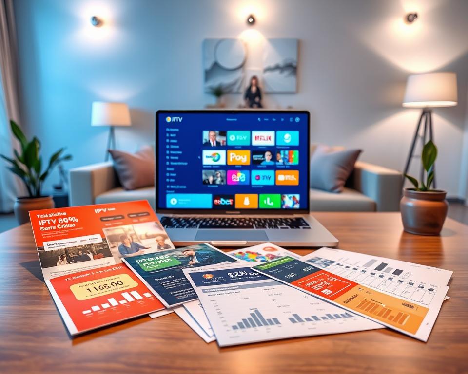A visually appealing and modern illustration of various IPTV subscription packages laid out on a sleek, wooden table. In the foreground, several colorful brochures display different subscription offers, showing graphs and price comparisons. In the middle, a laptop screen is open, showcasing an intuitive IPTV interface with vibrant channel thumbnails. The background features a stylish living room with a soft, ambient light coming from lamp fixtures, creating a warm and inviting atmosphere. A decorative plant in a tasteful pot is placed beside the table, adding a touch of greenery. The composition is shot from a slightly elevated angle to capture all elements harmoniously. The mood is informative yet inviting, perfect for an article about IPTV subscriptions. A visually appealing and modern illustration of various IPTV subscription packages laid out on a sleek, wooden table. In the foreground, several colorful brochures display different subscription offers, showing graphs and price comparisons. In the middle, a laptop screen is open, showcasing an intuitive IPTV interface with vibrant channel thumbnails. The background features a stylish living room with a soft, ambient light coming from lamp fixtures, creating a warm and inviting atmosphere. A decorative plant in a tasteful pot is placed beside the table, adding a touch of greenery. The composition is shot from a slightly elevated angle to capture all elements harmoniously. The mood is informative yet inviting, perfect for an article about IPTV subscriptions.
