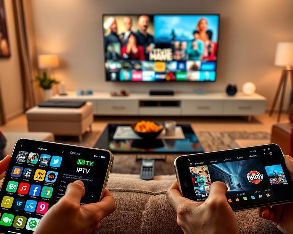A visually appealing collage showcasing popular IPTV applications. In the foreground, display sleek smartphone screens with vibrant icons of recognized IPTV apps, positioned artistically to attract the viewer's attention. In the middle section, include an elegant coffee table with a remote control and snacks, conveying a cozy viewing experience. The background should feature a stylish living room setting with a large screen displaying dynamic images of various shows, set in soft, warm lighting to create an inviting atmosphere. The scene should evoke a sense of modern entertainment and relaxation, using natural light to enhance color saturation and depth. Overall, the composition should blend seamlessly and inspire viewers to explore the best IPTV applications for their watching pleasure. A visually appealing collage showcasing popular IPTV applications. In the foreground, display sleek smartphone screens with vibrant icons of recognized IPTV apps, positioned artistically to attract the viewer's attention. In the middle section, include an elegant coffee table with a remote control and snacks, conveying a cozy viewing experience. The background should feature a stylish living room setting with a large screen displaying dynamic images of various shows, set in soft, warm lighting to create an inviting atmosphere. The scene should evoke a sense of modern entertainment and relaxation, using natural light to enhance color saturation and depth. Overall, the composition should blend seamlessly and inspire viewers to explore the best IPTV applications for their watching pleasure.