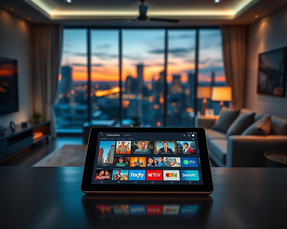 A visually appealing composition showcasing "Exclusive Offers for IPTV Subscription." In the foreground, a sleek digital tablet displaying a colorful interface of IPTV channels, with vivid images of popular shows and content. The middle ground features a stylish living room setup, complete with modern furniture, a cozy couch, and soft lighting illuminating the scene. In the background, a large window reveals a cityscape at dusk, with the warm glow of sunset blending into the evening sky, creating a welcoming atmosphere. The overall mood is inviting and innovative, emphasizing the excitement of exclusive IPTV deals. The image should be captured with a lens that offers a slight depth of field, ensuring sharp focus on the tablet while softly blurring the living room surroundings. A visually appealing composition showcasing "Exclusive Offers for IPTV Subscription." In the foreground, a sleek digital tablet displaying a colorful interface of IPTV channels, with vivid images of popular shows and content. The middle ground features a stylish living room setup, complete with modern furniture, a cozy couch, and soft lighting illuminating the scene. In the background, a large window reveals a cityscape at dusk, with the warm glow of sunset blending into the evening sky, creating a welcoming atmosphere. The overall mood is inviting and innovative, emphasizing the excitement of exclusive IPTV deals. The image should be captured with a lens that offers a slight depth of field, ensuring sharp focus on the tablet while softly blurring the living room surroundings.