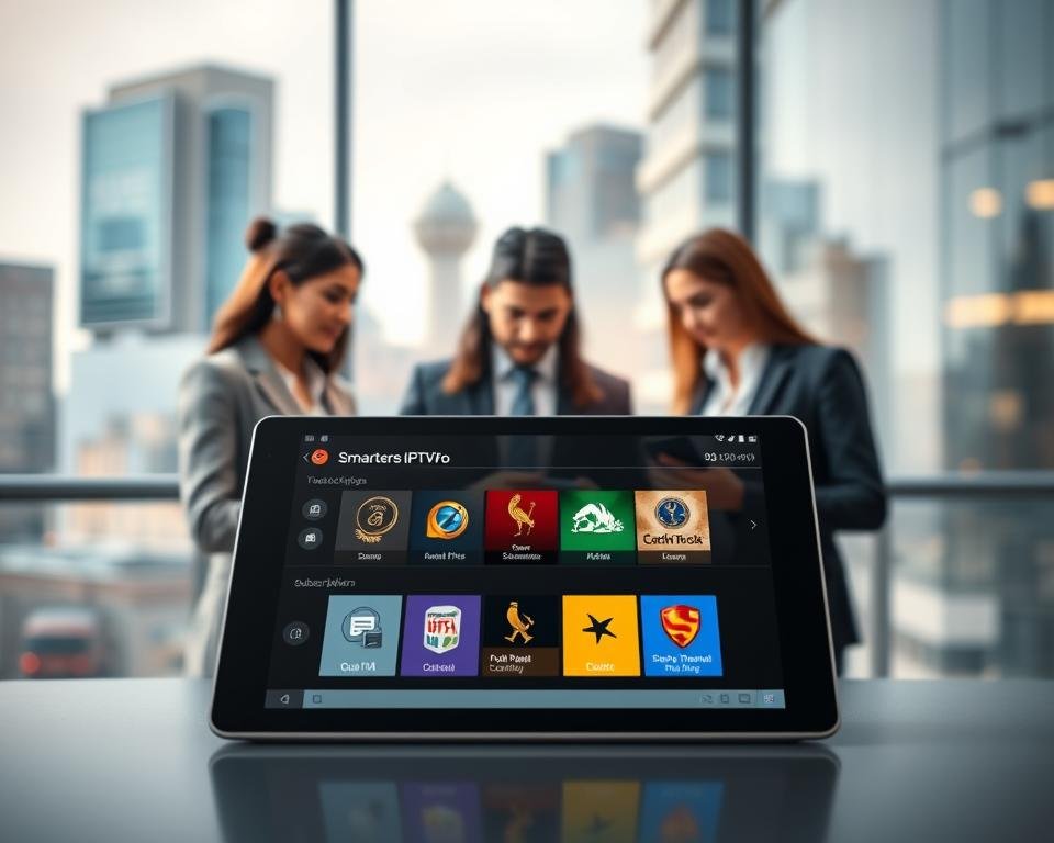 A visually appealing composition showcasing the concept of "Smarters IPTV Pro Subscription Options." In the foreground, a modern digital tablet displays the Smarters Pro interface with vibrant icons representing various subscription packages. In the middle ground, a diverse group of professional individuals, dressed in sleek business attire, collaborate over technology, emphasizing the innovative nature of IPTV services. In the background, a blurred cityscape conveys a sense of advanced technology and connectivity. Soft, ambient lighting creates a welcoming atmosphere, while a subtle focus effect highlights the tablet, drawing the viewer’s attention. This scene encapsulates the premiums of accessing Smarters IPTV Pro subscriptions in a contemporary setting. A visually appealing composition showcasing the concept of "Smarters IPTV Pro Subscription Options." In the foreground, a modern digital tablet displays the Smarters Pro interface with vibrant icons representing various subscription packages. In the middle ground, a diverse group of professional individuals, dressed in sleek business attire, collaborate over technology, emphasizing the innovative nature of IPTV services. In the background, a blurred cityscape conveys a sense of advanced technology and connectivity. Soft, ambient lighting creates a welcoming atmosphere, while a subtle focus effect highlights the tablet, drawing the viewer’s attention. This scene encapsulates the premiums of accessing Smarters IPTV Pro subscriptions in a contemporary setting.