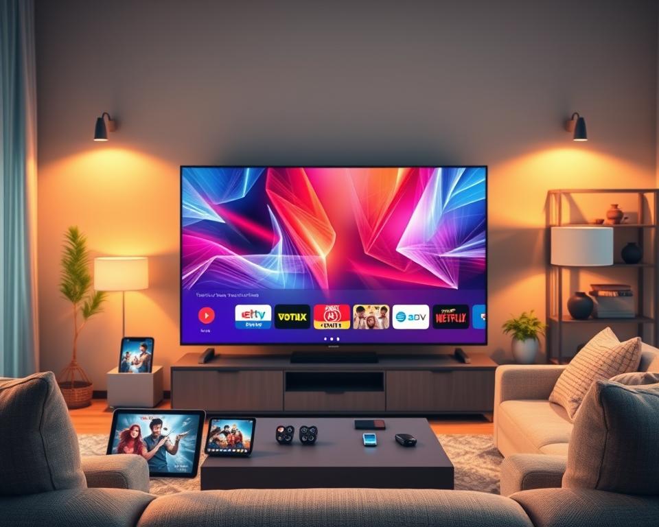 A visually appealing digital illustration featuring a modern IPTV subscription service display. In the foreground, showcase a sleek, flat-screen television displaying vibrant and dynamic streaming content. Surrounding the TV, include high-tech devices like tablets and smartphones, epitomizing the versatility of IPTV services. In the middle ground, include a modular setup with streaming apps and icons representing a variety of channels and content offerings. The background should depict a cozy living room environment, lit with warm, inviting light, highlighting a comfortable sofa and stylish decor. The overall mood should convey innovation and entertainment, creating an inviting atmosphere for viewers looking to explore IPTV subscription options. Use a wide-angle lens effect for depth. A visually appealing digital illustration featuring a modern IPTV subscription service display. In the foreground, showcase a sleek, flat-screen television displaying vibrant and dynamic streaming content. Surrounding the TV, include high-tech devices like tablets and smartphones, epitomizing the versatility of IPTV services. In the middle ground, include a modular setup with streaming apps and icons representing a variety of channels and content offerings. The background should depict a cozy living room environment, lit with warm, inviting light, highlighting a comfortable sofa and stylish decor. The overall mood should convey innovation and entertainment, creating an inviting atmosphere for viewers looking to explore IPTV subscription options. Use a wide-angle lens effect for depth.