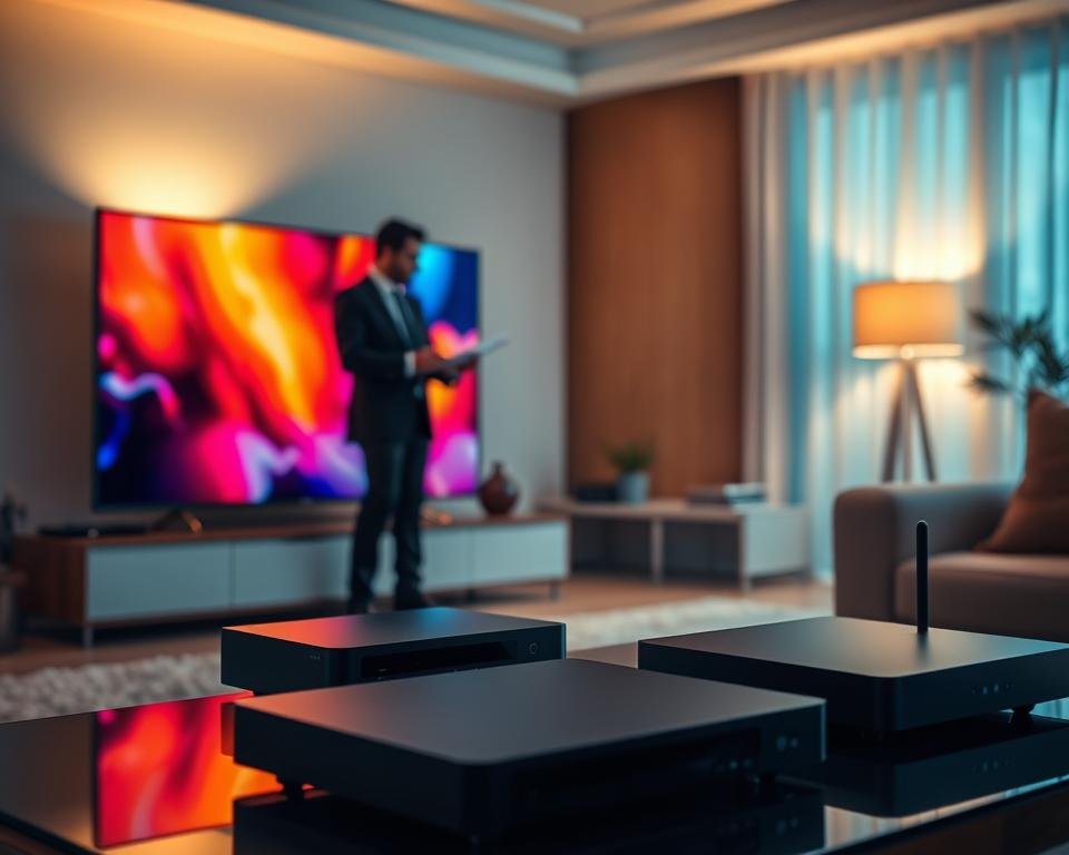 A visually appealing image capturing the essence of "Garanties service télévision premium." In the foreground, a sleek, modern television displaying vibrant colors represents high-quality viewing experiences. Beside it, a professional individual in business attire reviews documents, conveying a sense of trust and reliability. In the middle ground, luxury IPTV devices are elegantly arranged, suggesting cutting-edge technology. The background features a soft-focus living room setting with ambient lighting, incorporating warm tones to create a welcoming atmosphere. A subtle glow surrounds the TV, emphasizing premium service. The overall mood is one of confidence and assurance, accentuating the concepts of guarantees and customer satisfaction without any text or distractions. A visually appealing image capturing the essence of "Garanties service télévision premium." In the foreground, a sleek, modern television displaying vibrant colors represents high-quality viewing experiences. Beside it, a professional individual in business attire reviews documents, conveying a sense of trust and reliability. In the middle ground, luxury IPTV devices are elegantly arranged, suggesting cutting-edge technology. The background features a soft-focus living room setting with ambient lighting, incorporating warm tones to create a welcoming atmosphere. A subtle glow surrounds the TV, emphasizing premium service. The overall mood is one of confidence and assurance, accentuating the concepts of guarantees and customer satisfaction without any text or distractions.