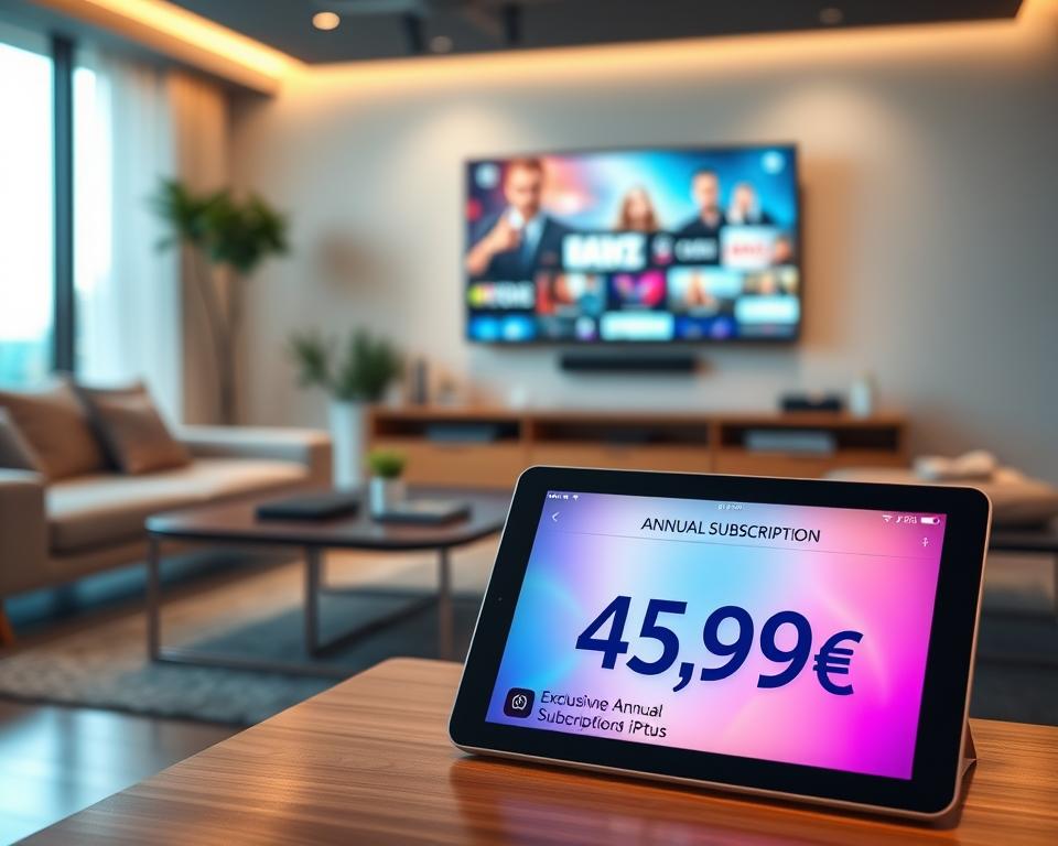 A visually appealing scene showcasing an exclusive annual subscription offer for IPTV services. In the foreground, a modern digital tablet displays vibrant graphics illustrating the subscription details, with a price tag reading "45,99€" prominently featured. The middle ground features a sleek living room setup with a stylish coffee table and a comfortable couch, suggesting a cozy viewing experience. In the background, a large flat-screen TV is mounted on a wall, displaying a captivating image related to entertainment. Soft, warm lighting creates an inviting atmosphere, and a slight bokeh effect enhances focus on the tablet. The overall mood is professional yet accessible, conveying the value of a unique IPTV service. A visually appealing scene showcasing an exclusive annual subscription offer for IPTV services. In the foreground, a modern digital tablet displays vibrant graphics illustrating the subscription details, with a price tag reading "45,99€" prominently featured. The middle ground features a sleek living room setup with a stylish coffee table and a comfortable couch, suggesting a cozy viewing experience. In the background, a large flat-screen TV is mounted on a wall, displaying a captivating image related to entertainment. Soft, warm lighting creates an inviting atmosphere, and a slight bokeh effect enhances focus on the tablet. The overall mood is professional yet accessible, conveying the value of a unique IPTV service.