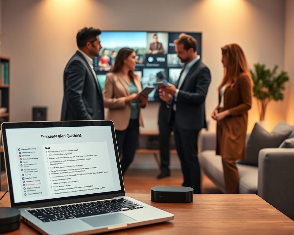 A visually engaging and informative scene representing a "Frequently Asked Questions" section for a streaming service. In the foreground, a professional-looking setup with a sleek laptop displaying a digital FAQ page, surrounded by some technical gadgets like a television and streaming device. In the middle, a diverse group of four people in business casual attire, each engaged in conversation, with a focus on one person using a tablet to illustrate a point. The background features a modern living room setup with a large screen showing streaming content, softly lit with warm ambient lighting to create a cozy atmosphere. The composition emphasizes clarity, professionalism, and an inviting environment that encourages discussion about streaming services. A visually engaging and informative scene representing a "Frequently Asked Questions" section for a streaming service. In the foreground, a professional-looking setup with a sleek laptop displaying a digital FAQ page, surrounded by some technical gadgets like a television and streaming device. In the middle, a diverse group of four people in business casual attire, each engaged in conversation, with a focus on one person using a tablet to illustrate a point. The background features a modern living room setup with a large screen showing streaming content, softly lit with warm ambient lighting to create a cozy atmosphere. The composition emphasizes clarity, professionalism, and an inviting environment that encourages discussion about streaming services.