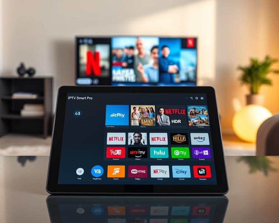 A visually engaging comparison of IPTV streaming applications, featuring a sleek interface of IPTV Smart Pro prominently in the foreground on a modern tablet. In the middle ground, include icons or screenshots of competitor applications like Netflix and Hulu, arranged in a dynamic and organized layout. The background showcases a stylish living room with a large television displaying vibrant HDR content, enhancing the feeling of a high-tech entertainment setup. Soft, ambient lighting creates a cozy yet modern atmosphere, with a slight focus on reflections from the glass of the tablet screen. The overall mood is professional and inviting, emphasizing innovation and quality in IPTV services. A visually engaging comparison of IPTV streaming applications, featuring a sleek interface of IPTV Smart Pro prominently in the foreground on a modern tablet. In the middle ground, include icons or screenshots of competitor applications like Netflix and Hulu, arranged in a dynamic and organized layout. The background showcases a stylish living room with a large television displaying vibrant HDR content, enhancing the feeling of a high-tech entertainment setup. Soft, ambient lighting creates a cozy yet modern atmosphere, with a slight focus on reflections from the glass of the tablet screen. The overall mood is professional and inviting, emphasizing innovation and quality in IPTV services.