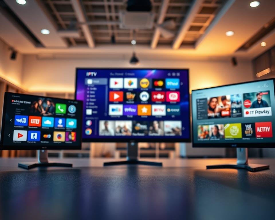 A visually engaging comparison of streaming applications, featuring three distinct digital screens displaying popular IPTV platforms and their interfaces. In the foreground, crisp and colorful icons of each app stand out against a sleek, modern background. In the middle, a desktop monitor is shown, vividly showcasing user-friendly features and content choices, surrounded by subtle hints of other competitive apps in less prominent colors. The background consists of a soft-focus, tech-inspired workspace with ambient lighting, conveying a dynamic yet focused atmosphere. A low camera angle highlights the monitors, creating a sense of depth and drawing attention to the quality of the streaming services depicted. The mood is professional and innovative, suitable for a tech-savvy audience interested in IPTV solutions. A visually engaging comparison of streaming applications, featuring three distinct digital screens displaying popular IPTV platforms and their interfaces. In the foreground, crisp and colorful icons of each app stand out against a sleek, modern background. In the middle, a desktop monitor is shown, vividly showcasing user-friendly features and content choices, surrounded by subtle hints of other competitive apps in less prominent colors. The background consists of a soft-focus, tech-inspired workspace with ambient lighting, conveying a dynamic yet focused atmosphere. A low camera angle highlights the monitors, creating a sense of depth and drawing attention to the quality of the streaming services depicted. The mood is professional and innovative, suitable for a tech-savvy audience interested in IPTV solutions.