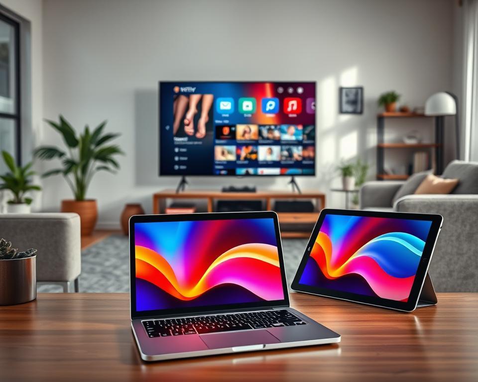 A visually engaging composition showcasing a variety of electronic devices prominently displayed in a modern workspace, emphasizing compatibility with IPTV services. In the foreground, highlight a sleek laptop and a tablet, each featuring bright, colorful screens displaying streaming content. In the middle, place a large smart TV on a stylish stand, elegantly showcasing a streaming interface. The background should feature a cozy living room setting with a comfortable couch and decorative elements like plants and books, indicating a welcoming atmosphere. Utilize bright, natural lighting to enhance the inviting mood, and opt for a slightly tilted angle for visual interest. The overall atmosphere should convey connectivity and modern technology, suitable for all devices. A visually engaging composition showcasing a variety of electronic devices prominently displayed in a modern workspace, emphasizing compatibility with IPTV services. In the foreground, highlight a sleek laptop and a tablet, each featuring bright, colorful screens displaying streaming content. In the middle, place a large smart TV on a stylish stand, elegantly showcasing a streaming interface. The background should feature a cozy living room setting with a comfortable couch and decorative elements like plants and books, indicating a welcoming atmosphere. Utilize bright, natural lighting to enhance the inviting mood, and opt for a slightly tilted angle for visual interest. The overall atmosphere should convey connectivity and modern technology, suitable for all devices.