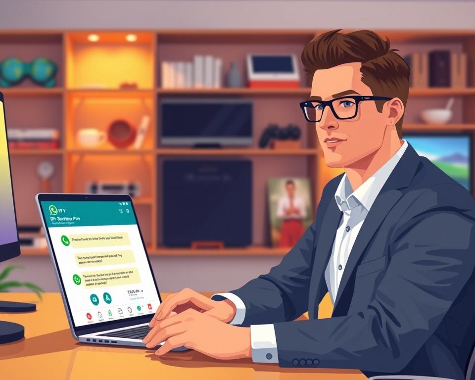 A visually engaging illustration depicting the process of purchasing an IPTV Smarters Pro subscription. In the foreground, feature a professional-looking individual in business attire, seated at a modern desk with a laptop open, showing a subscription website interface. The middle ground includes a smartphone displaying a WhatsApp chat conversation with a customer service representative, symbolizing communication for assistance. In the background, soft-focus shelves with tech-related items suggest a digital lifestyle. The lighting is bright and inviting, casting a warm glow over the scene, accentuating a sense of professionalism and ease. Use a composition that showcases depth, and convey a mood of assurance and customer satisfaction in the purchasing experience. A visually engaging illustration depicting the process of purchasing an IPTV Smarters Pro subscription. In the foreground, feature a professional-looking individual in business attire, seated at a modern desk with a laptop open, showing a subscription website interface. The middle ground includes a smartphone displaying a WhatsApp chat conversation with a customer service representative, symbolizing communication for assistance. In the background, soft-focus shelves with tech-related items suggest a digital lifestyle. The lighting is bright and inviting, casting a warm glow over the scene, accentuating a sense of professionalism and ease. Use a composition that showcases depth, and convey a mood of assurance and customer satisfaction in the purchasing experience.