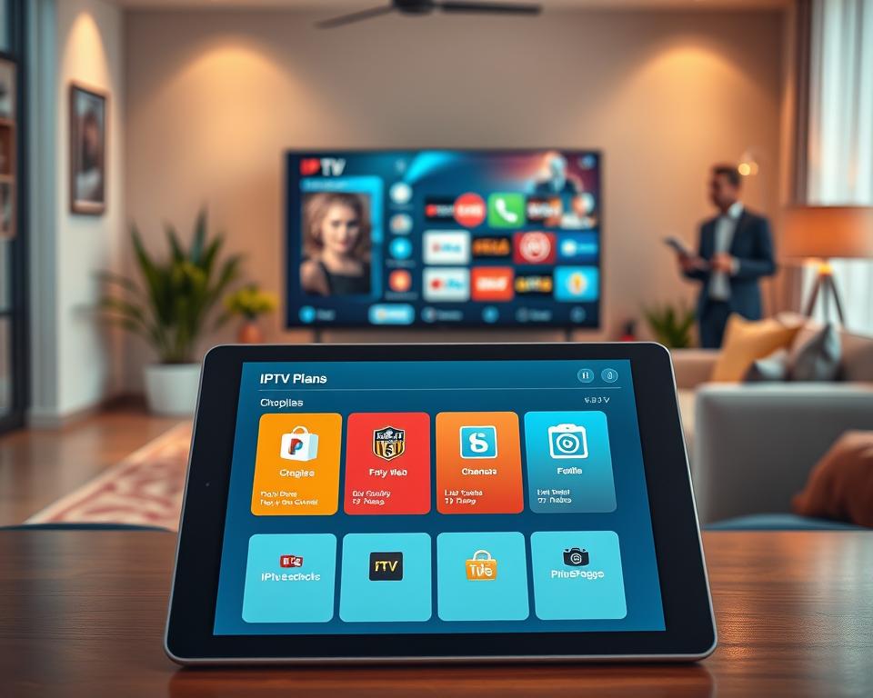 A visually engaging illustration of IPTV subscription plans featuring a sleek, modern layout. In the foreground, showcase a digital tablet displaying various IPTV subscription options with attractive icons and vibrant colors, representing different packages. The middle ground includes a stylish living room setting with a large flat-screen TV displaying a dynamic interface of IPTV channels. In the background, emphasize a cozy ambiance with soft lighting, warm colors, and decorative elements like potted plants or stylish furniture. Capture a professional atmosphere, perhaps with a business person in smart casual attire discussing the plans, reflecting enthusiasm and engagement. Utilize natural lighting to enhance the inviting mood, with a slight focus lens effect to add depth to the scene. The overall feel should be modern, informative, and visually appealing. A visually engaging illustration of IPTV subscription plans featuring a sleek, modern layout. In the foreground, showcase a digital tablet displaying various IPTV subscription options with attractive icons and vibrant colors, representing different packages. The middle ground includes a stylish living room setting with a large flat-screen TV displaying a dynamic interface of IPTV channels. In the background, emphasize a cozy ambiance with soft lighting, warm colors, and decorative elements like potted plants or stylish furniture. Capture a professional atmosphere, perhaps with a business person in smart casual attire discussing the plans, reflecting enthusiasm and engagement. Utilize natural lighting to enhance the inviting mood, with a slight focus lens effect to add depth to the scene. The overall feel should be modern, informative, and visually appealing.