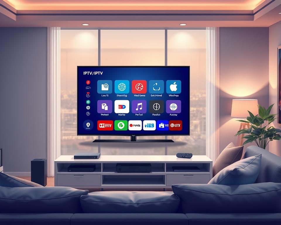 A visually engaging illustration showcasing various types of IPTV services, ideally set in a modern living room environment. In the foreground, a sleek flat-screen TV displays icons representing different IPTV options like live streaming, video on demand, and subscription services. Below the TV, a stylish media console holds streaming devices and remotes. In the middle ground, a comfortable couch is adorned with pillows, hinting at a cozy viewing experience. The background features a well-lit room with soft ambient lighting and a large window, suggesting a welcoming atmosphere. The overall mood is inviting and technological, conveying the ease and variety of IPTV entertainment options available in a sophisticated yet approachable manner. A visually engaging illustration showcasing various types of IPTV services, ideally set in a modern living room environment. In the foreground, a sleek flat-screen TV displays icons representing different IPTV options like live streaming, video on demand, and subscription services. Below the TV, a stylish media console holds streaming devices and remotes. In the middle ground, a comfortable couch is adorned with pillows, hinting at a cozy viewing experience. The background features a well-lit room with soft ambient lighting and a large window, suggesting a welcoming atmosphere. The overall mood is inviting and technological, conveying the ease and variety of IPTV entertainment options available in a sophisticated yet approachable manner.