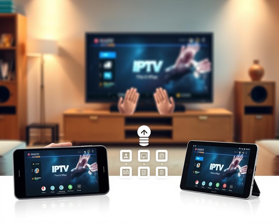 A visually engaging image depicting the installation and configuration of an IPTV application on various devices. In the foreground, show a sleek smartphone, a tablet, and a smart TV, all displaying the same IPTV interface, symbolizing versatility across devices. In the middle layer, include a pair of hands expertly navigating the app, with small icons representing installation steps hovering around them. The background features a modern living room setup with soft, ambient lighting that enhances a tech-savvy atmosphere. Use a slightly tilted angle to create depth and draw the viewer's eye into the scene. The overall mood should feel informative and accessible, inviting viewers to explore the app's capabilities with confidence. A visually engaging image depicting the installation and configuration of an IPTV application on various devices. In the foreground, show a sleek smartphone, a tablet, and a smart TV, all displaying the same IPTV interface, symbolizing versatility across devices. In the middle layer, include a pair of hands expertly navigating the app, with small icons representing installation steps hovering around them. The background features a modern living room setup with soft, ambient lighting that enhances a tech-savvy atmosphere. Use a slightly tilted angle to create depth and draw the viewer's eye into the scene. The overall mood should feel informative and accessible, inviting viewers to explore the app's capabilities with confidence.