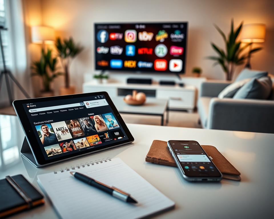 A visually engaging image representing "streaming subscription offers." In the foreground, a modern sleek tablet displaying an interactive streaming platform interface with vibrant thumbnails of movies and series. Surrounding the tablet, a clean, organized desk with a stylish notebook, a pen, and a smartphone showing notifications of streaming deals. In the middle ground, blurred images of a cozy living room setup with a big screen TV featuring various streaming logos subtly visible, reinforcing the concept of streaming. The background showcases a softly lit room with warm ambient lighting and decorative plants, creating a welcoming atmosphere. The overall mood is inviting and modern, emphasizing the excitement of accessing diverse entertainment options. A visually engaging image representing "streaming subscription offers." In the foreground, a modern sleek tablet displaying an interactive streaming platform interface with vibrant thumbnails of movies and series. Surrounding the tablet, a clean, organized desk with a stylish notebook, a pen, and a smartphone showing notifications of streaming deals. In the middle ground, blurred images of a cozy living room setup with a big screen TV featuring various streaming logos subtly visible, reinforcing the concept of streaming. The background showcases a softly lit room with warm ambient lighting and decorative plants, creating a welcoming atmosphere. The overall mood is inviting and modern, emphasizing the excitement of accessing diverse entertainment options.