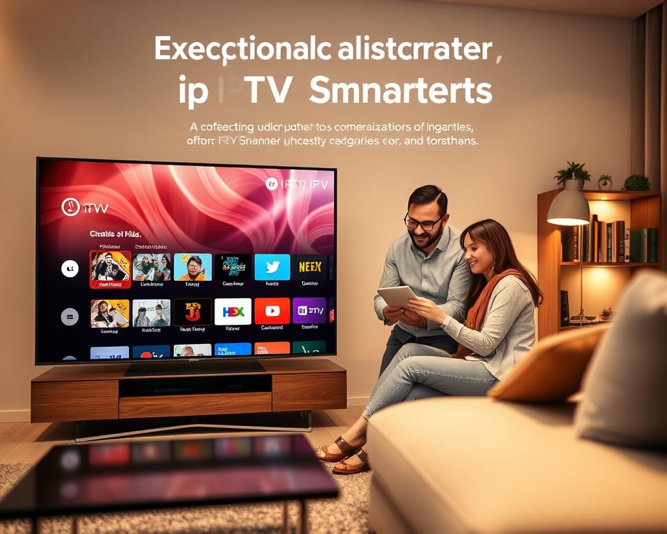 A visually engaging image showcasing the exceptional advantages of IPTV Smarters. In the foreground, depict a modern living room with a sleek smart TV displaying a vibrant interface of an IPTV service, featuring organized categories for channels and options for personalization. In the middle ground, include a smiling family of four, dressed in comfortable yet professional casual attire, interacting joyfully with a tablet and remote control. The background features a stylish bookshelf and soft ambient lighting that creates a welcoming atmosphere. The scene should evoke a sense of innovation and ease of use, with a warm color palette to reflect a cozy family setting. Use a slight depth of field to focus on the family and the screen while gently blurring the background for a polished visual effect. A visually engaging image showcasing the exceptional advantages of IPTV Smarters. In the foreground, depict a modern living room with a sleek smart TV displaying a vibrant interface of an IPTV service, featuring organized categories for channels and options for personalization. In the middle ground, include a smiling family of four, dressed in comfortable yet professional casual attire, interacting joyfully with a tablet and remote control. The background features a stylish bookshelf and soft ambient lighting that creates a welcoming atmosphere. The scene should evoke a sense of innovation and ease of use, with a warm color palette to reflect a cozy family setting. Use a slight depth of field to focus on the family and the screen while gently blurring the background for a polished visual effect.