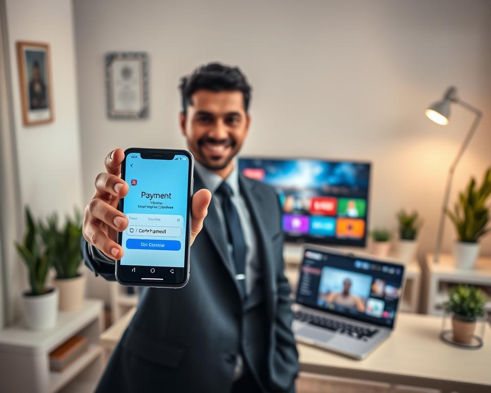 A visually engaging scene depicting the concept of secure payment in streaming services. In the foreground, a professional individual in business attire gestures confidently while holding a smartphone displaying a secure payment confirmation screen. In the middle, a sleek laptop shows an IPTV streaming interface with vibrant, colorful thumbnails representing various channels, illuminating the workspace. The background features a modern home office setting with soft lighting, emphasizing a cozy yet professional atmosphere. Include subtle elements like a certificate of security compliance on the wall and potted plants for warmth. The overall mood is reassuring and trustworthy, invoking a sense of safety and reliability in digital transactions. A visually engaging scene depicting the concept of secure payment in streaming services. In the foreground, a professional individual in business attire gestures confidently while holding a smartphone displaying a secure payment confirmation screen. In the middle, a sleek laptop shows an IPTV streaming interface with vibrant, colorful thumbnails representing various channels, illuminating the workspace. The background features a modern home office setting with soft lighting, emphasizing a cozy yet professional atmosphere. Include subtle elements like a certificate of security compliance on the wall and potted plants for warmth. The overall mood is reassuring and trustworthy, invoking a sense of safety and reliability in digital transactions.